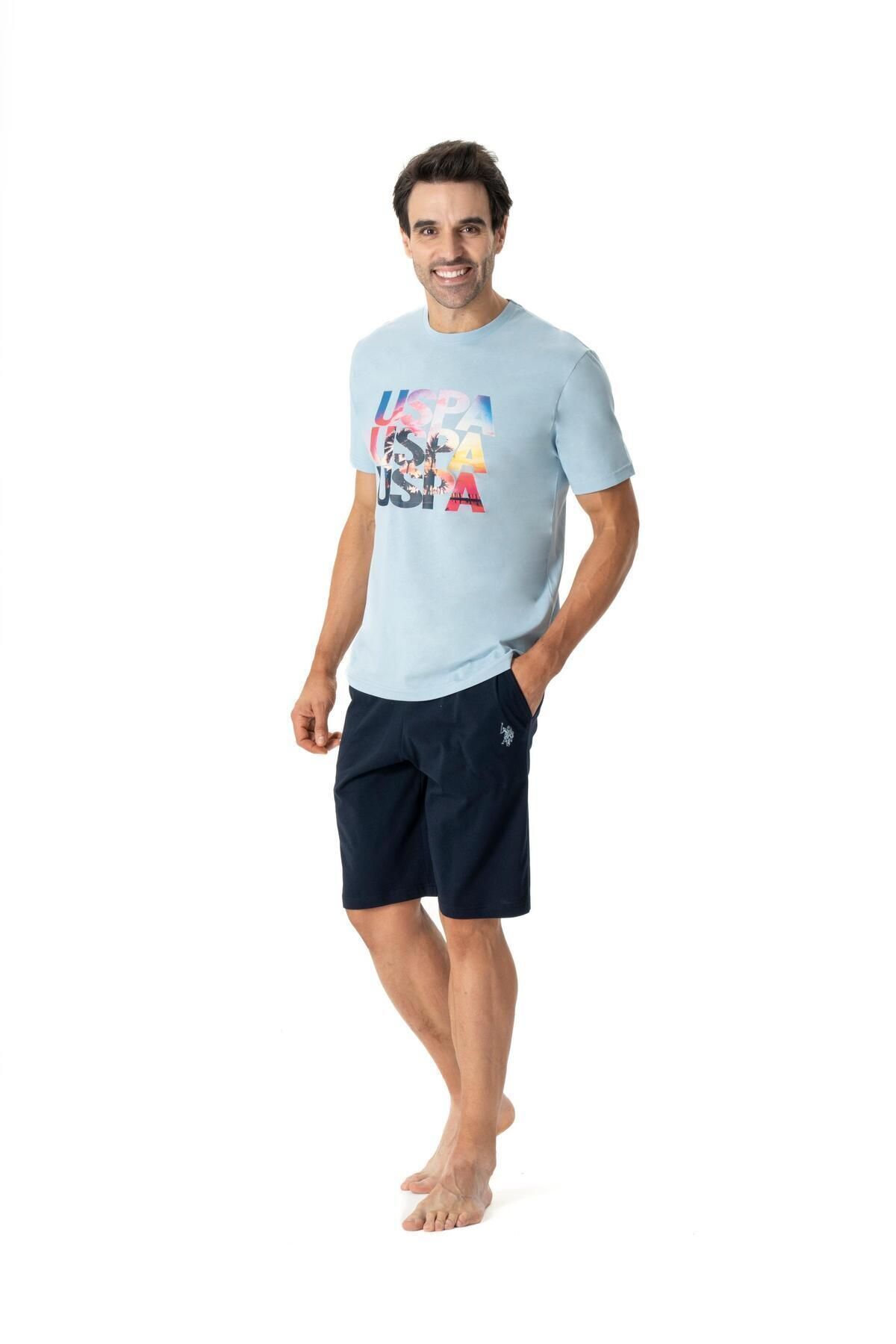 U.S. Polo Assn. U.S. Polo Assn. Erkek Yuvarlak Yaka Mavi T-shirt & Şort Yazlık Pijama Takımı