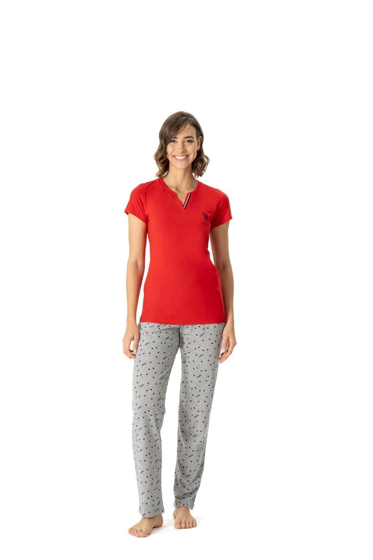 U.S. Polo Assn. Kadın Kırmızı V Yaka Cepli Pijama Takımı 17004