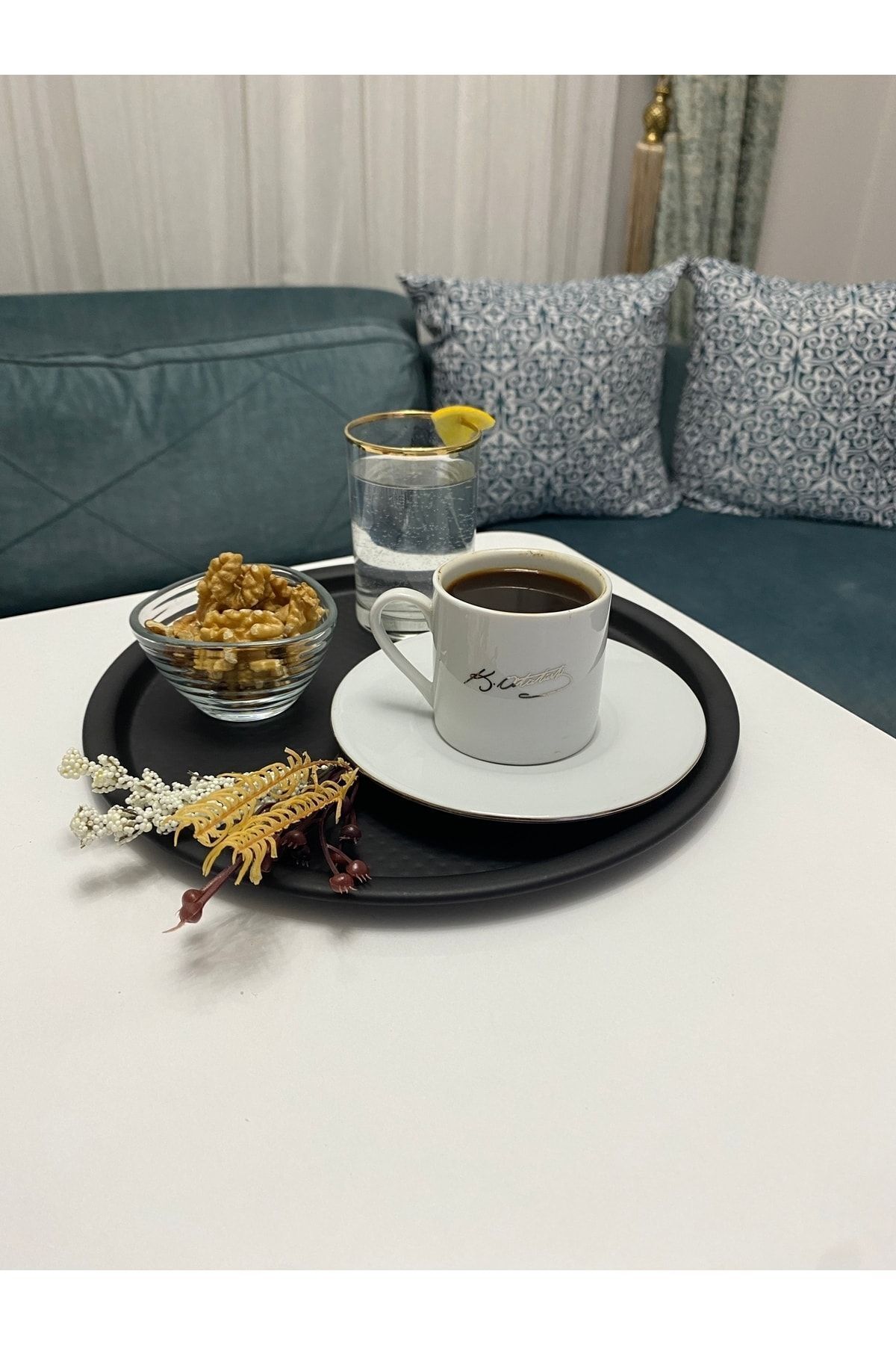 ESY LİNE 6'lı Metal Yuvarlak Çay, Kahve, Pasta Servis Tepsisi Dekoratif Sunum Tepsisi Ve Servis Tabağı