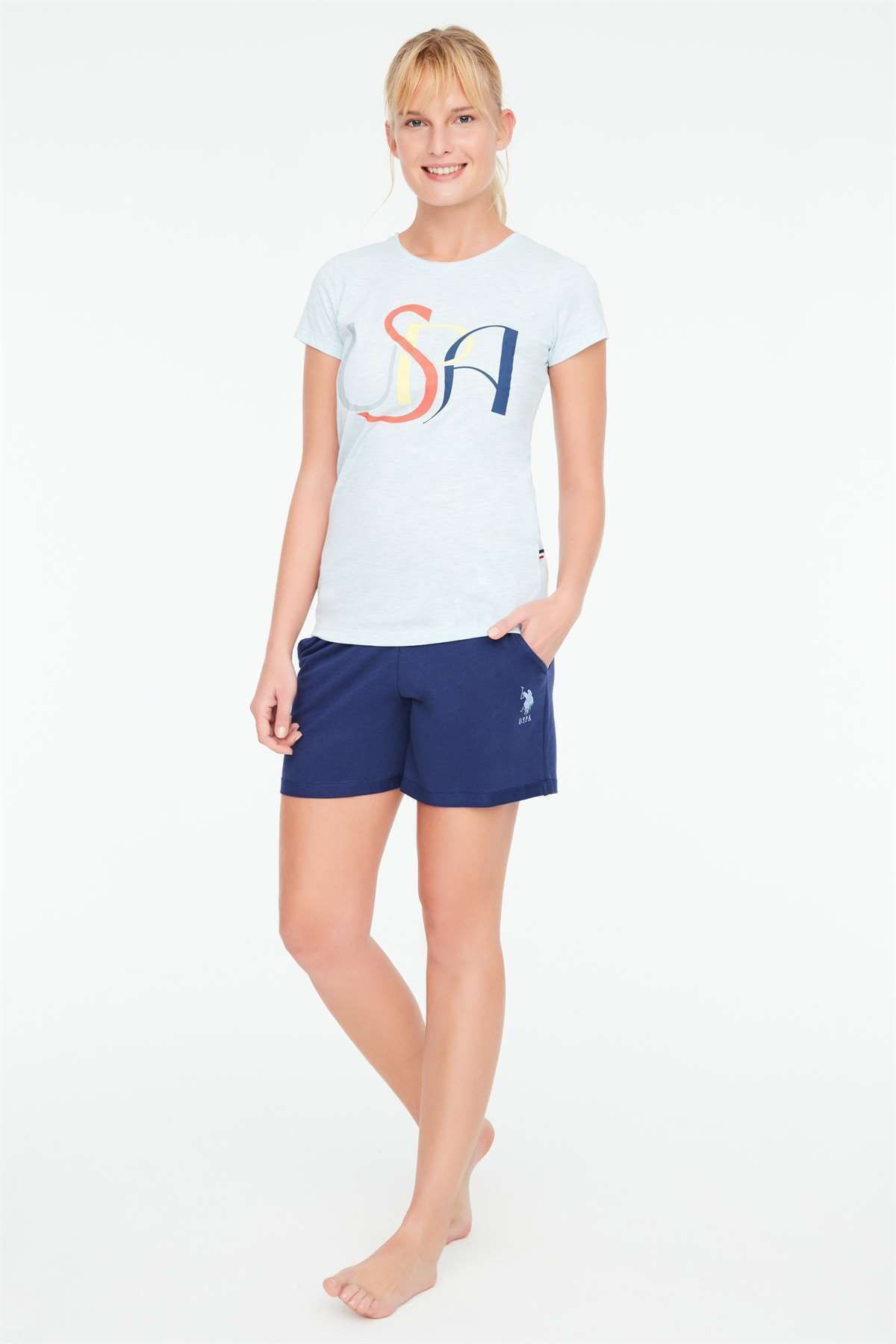 U.S. Polo Assn. - Kadın Mavi Melanj T-shirt Şort Takımı