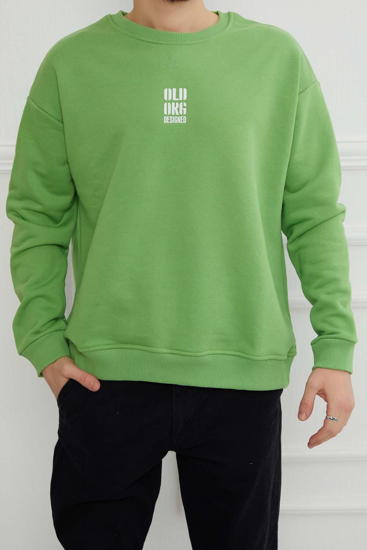 Five Pocket Hscstore Erkek Baskılı Basic Çimen Yeşili Sweatshirt - 6025