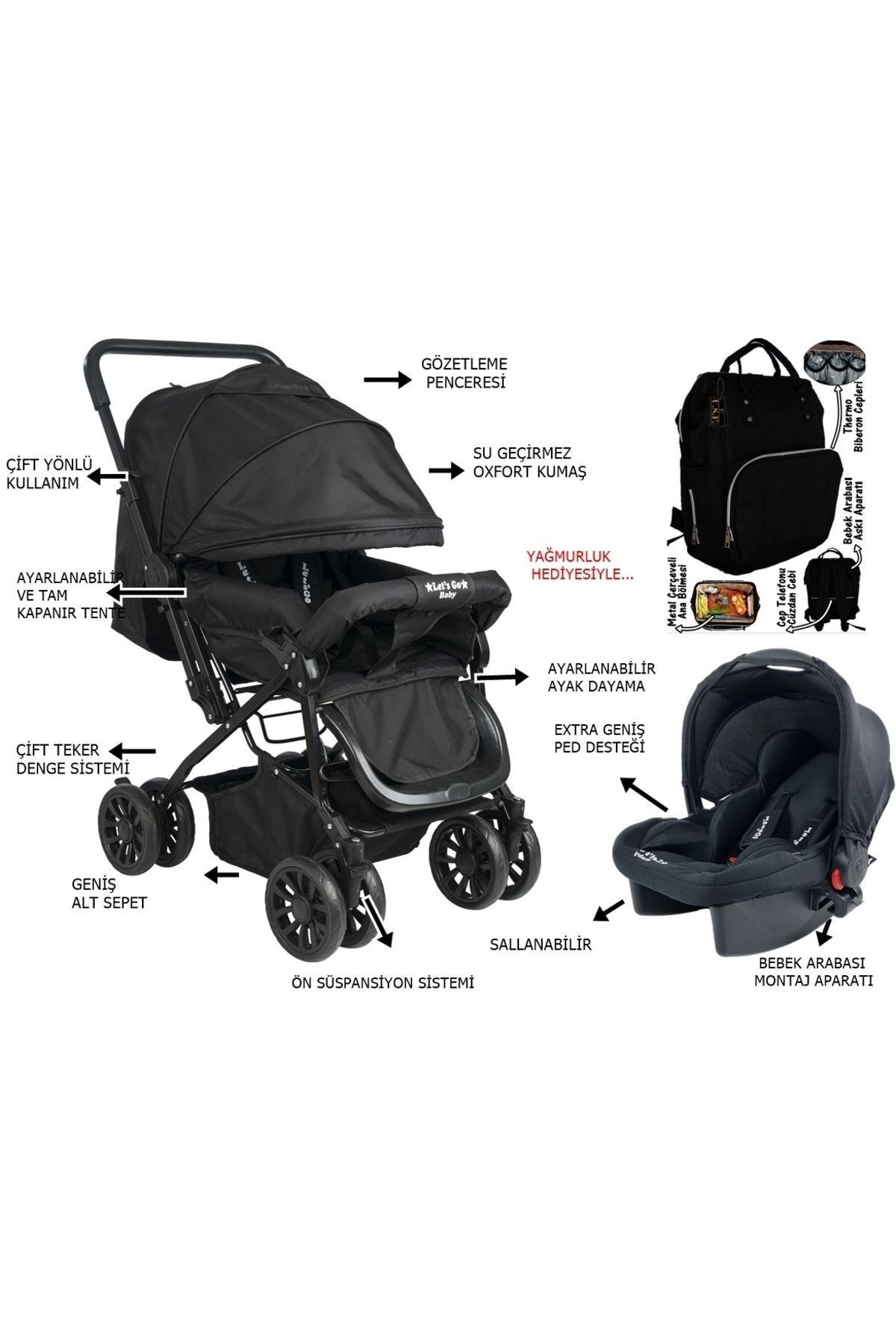 LETS GO BABY Çift Yönlü Treval Sistem Bebek Arabası ve Bebek Bakım Çantası Siyah Set