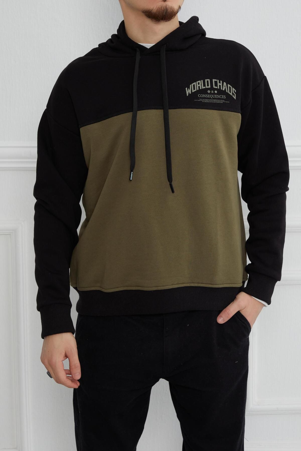 Five Pocket Hscstore Erkek Baskılı Kapüşonlu İki Renkli Siyah Sweatshirt - 6041