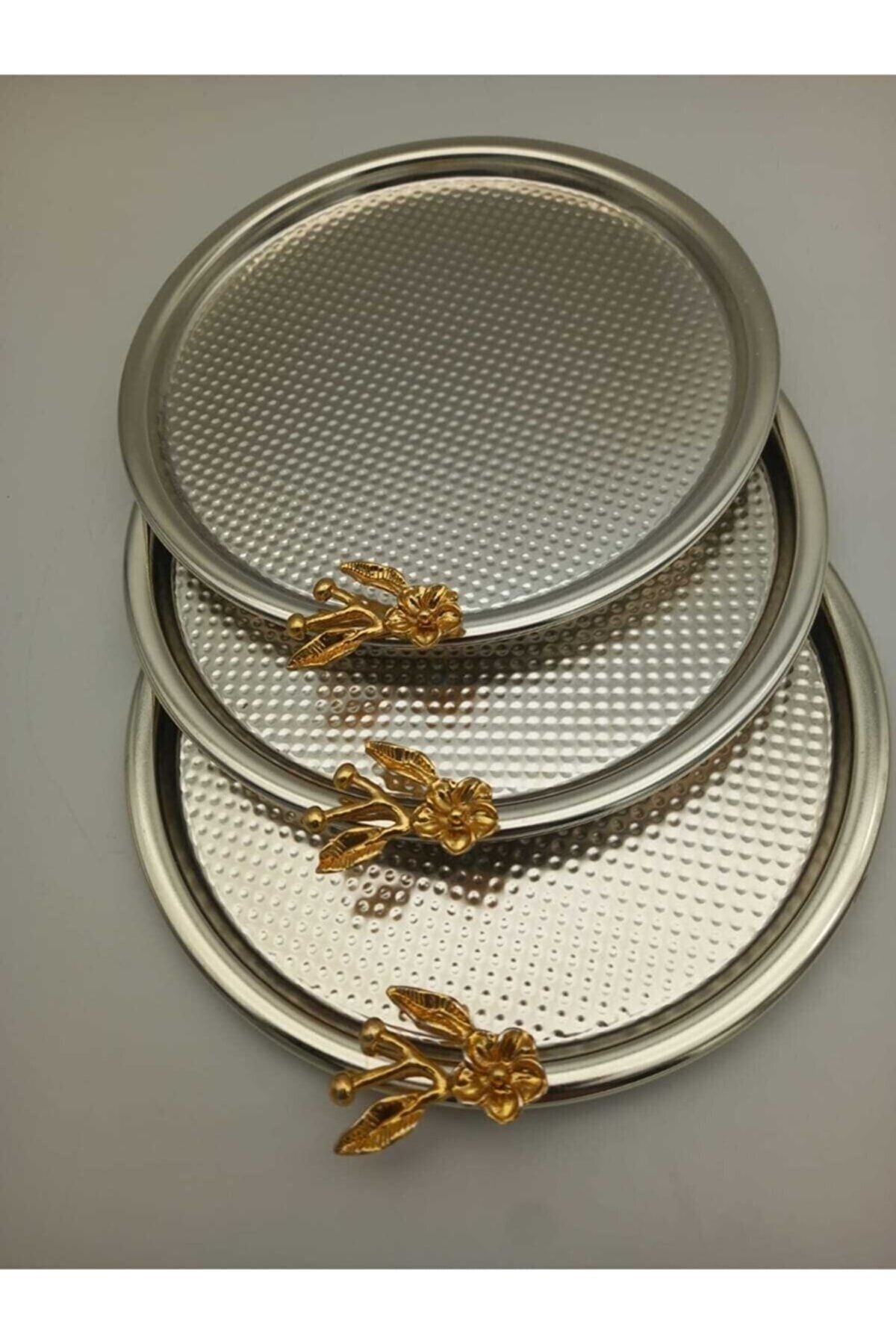 Fiyakalı Ürünler Atölyesi 3'lü Japon Güllü Yuvarlak Gümüş Çay Ve Kahve Sunum Tepsisi, Dekoratif Servis Tepsisi 22cm