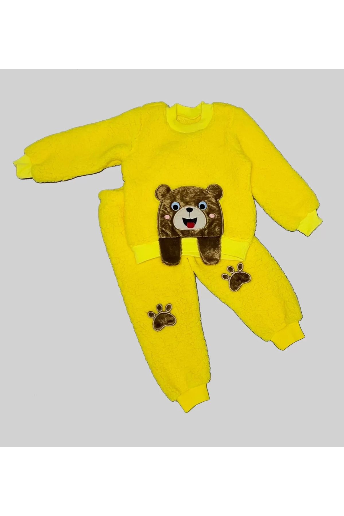 MCEM STORE Sallanan El Icıklı Kuzu Kumaş Sweat Patili Pantolon Uzun Kollu Kız Erkek 2 Li Takımı Sarı