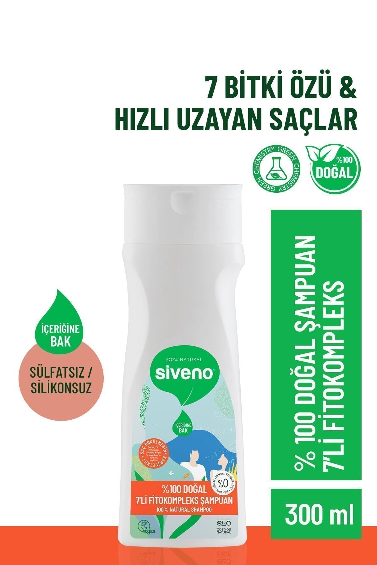 Siveno %100 Doğal Fitokompleks Şampuan 7 Değerli Bitki Yoğun Dökülme Karşıtı Dolgunlaştırıcı 300 ml