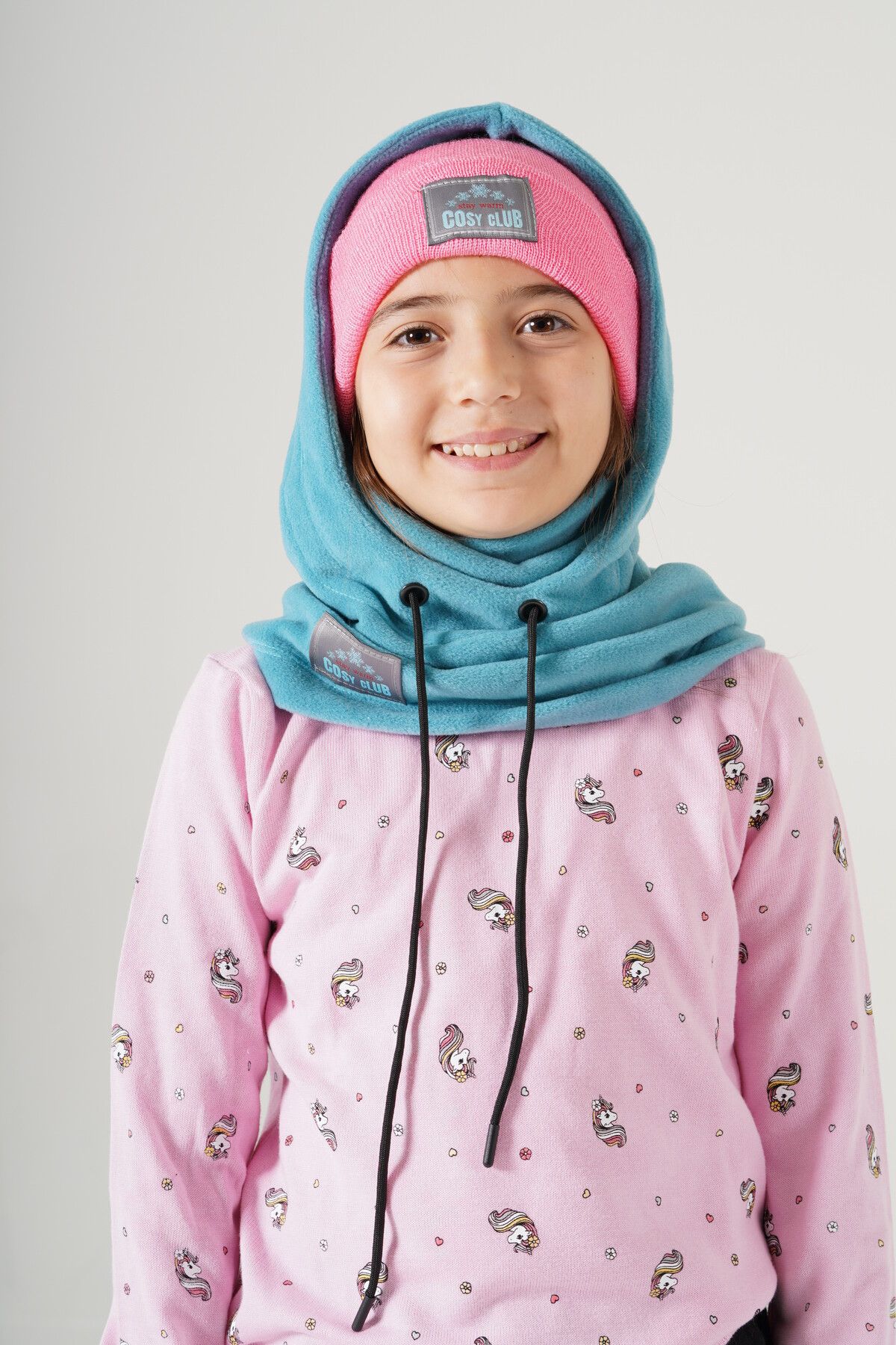 Cosy Club Shop Kız Çocuk Turkuaz Polar Balaklava Kar Maskesi Boyunluk Şapka Atkı Bir Arada