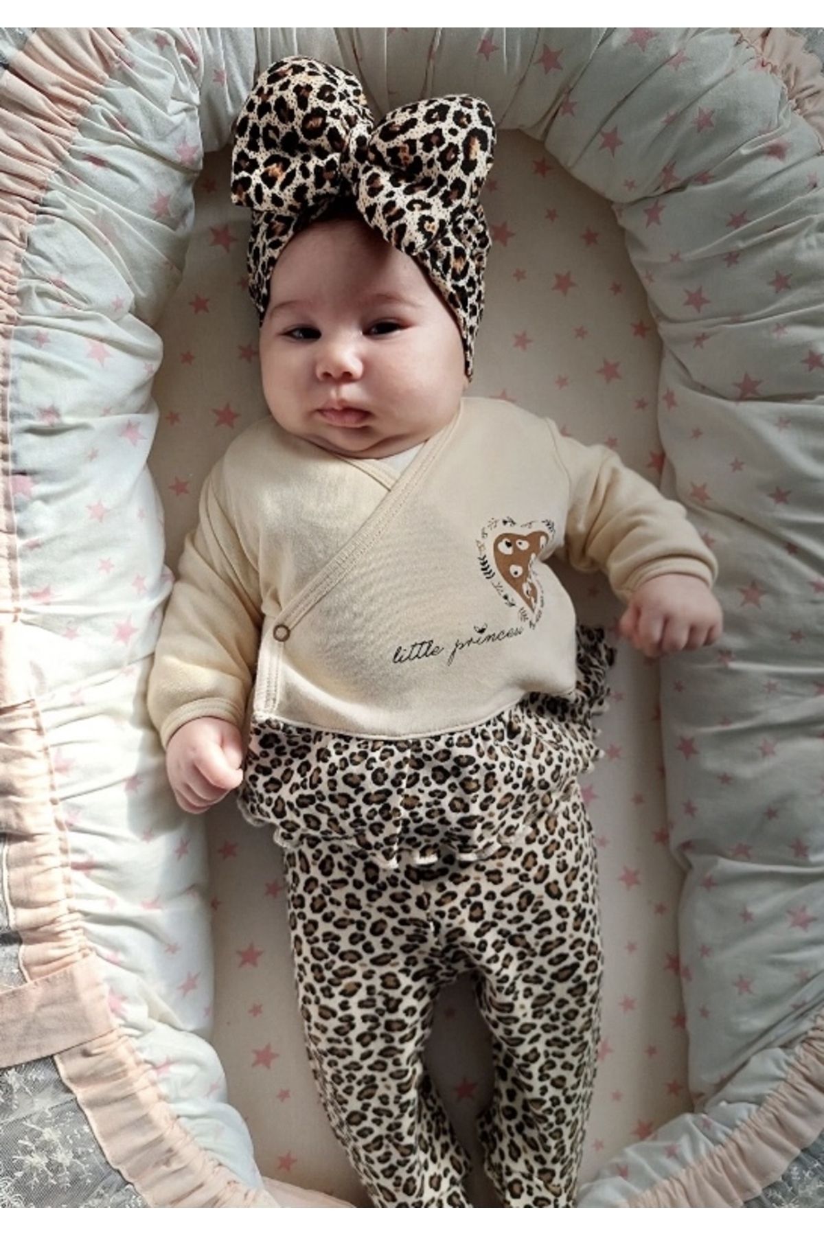 VERONA TARZ Kız Bebek Leopar Desenli 5li Hastane Çıkış Seti Organik Pamuk Yenidoğan kıyafeti