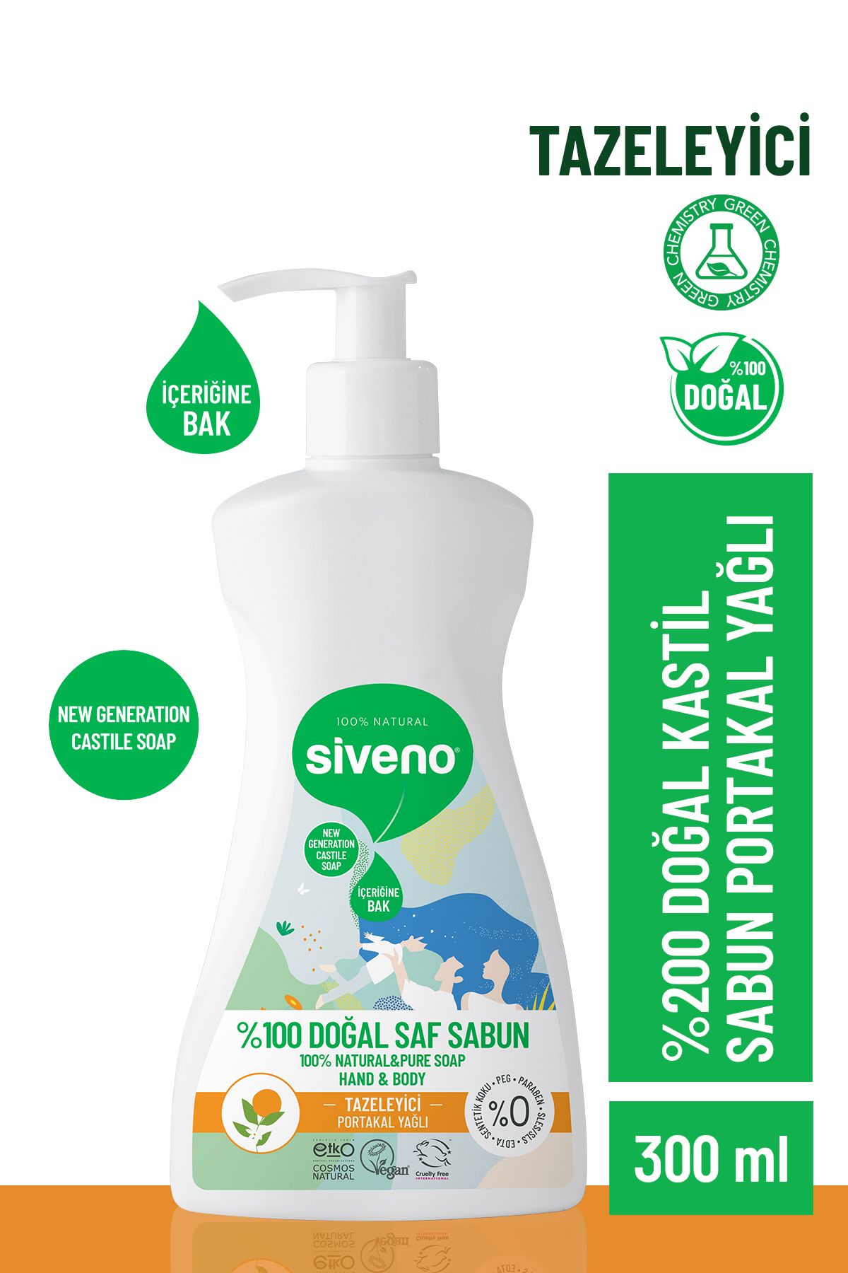 Siveno %100 Doğal Sıvı Kastil Sabun Portakal Yağlı Yoğun Nemlendirici Arındırıcı Bitkisel Vegan 300 ml