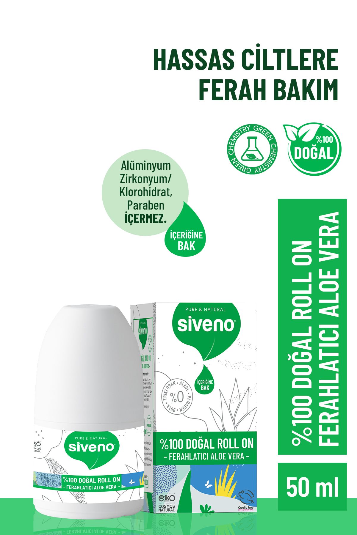 Siveno %100 Doğal Roll-on Aloe Vera Deodorant Ter Kokusu Önleyici Bitkisel Lekesiz Vegan 50 ml