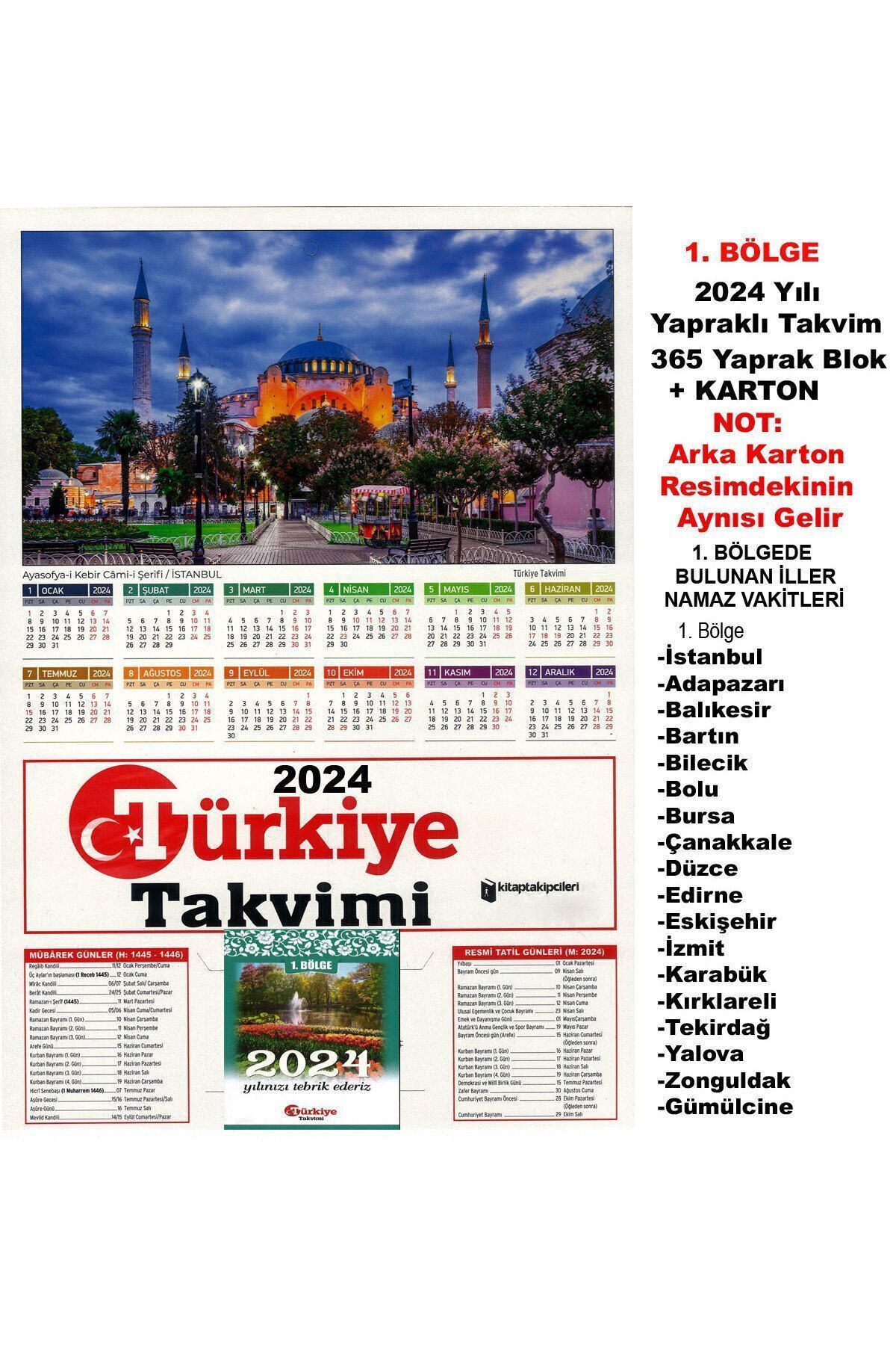 Elif Kitabevi 1. Bölge 2024 Yılı Türkiye Takvimi 365 Gün Yapraklı Duvar Takvimi Namaz Vakitli Blok Karton