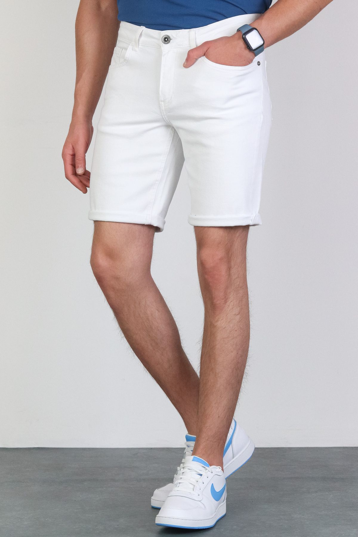 HLT JEANS Erkek Beyaz Slim Kesim Comfort Likralı Denim Esnek Jeans Kot Şort THOMAS-BEYAZ