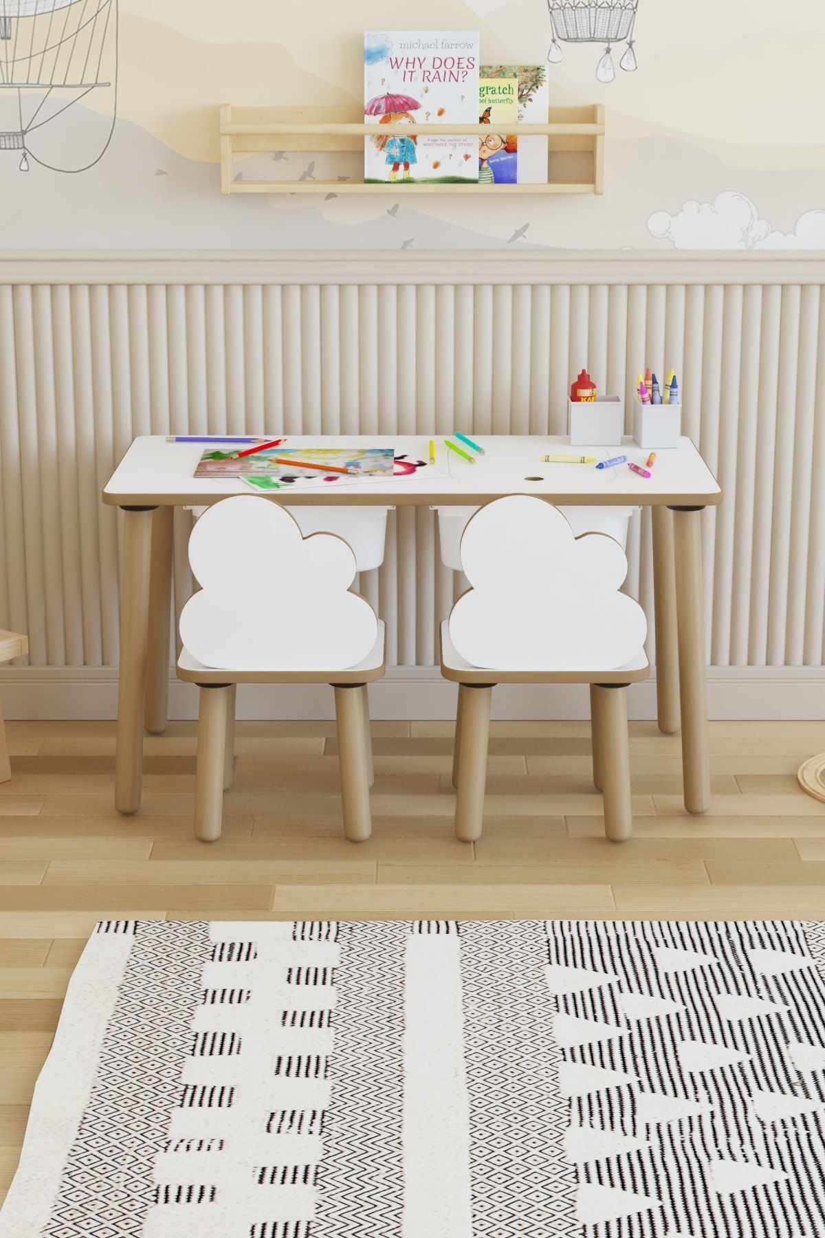 POFİTTO Montessori Çocuk Masası-oyun Masası-aktivite Masası-etkinlik Masası Takımı 2 Bulut Sandalye