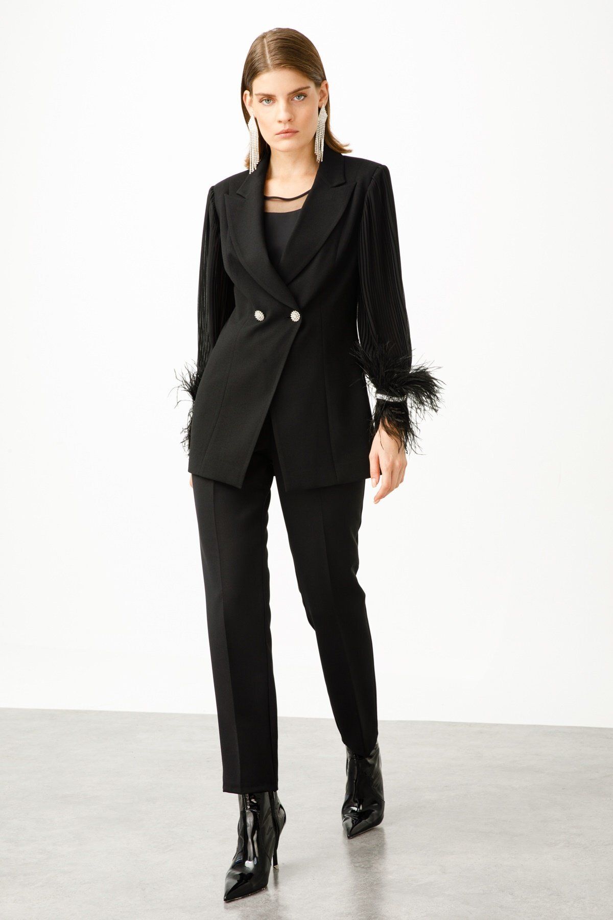 Moda İlgi Modailgi Kolları Pliseli Manşeti Otrişli Ceket Siyah