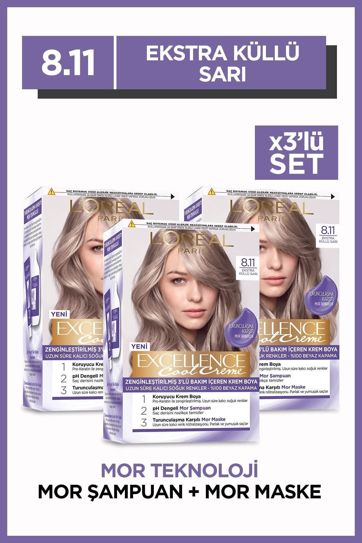 L'Oreal Paris Excellence Cool Creme Saç Boyası – 8.11 Ekstra Küllü Sarı 3'lü Set
