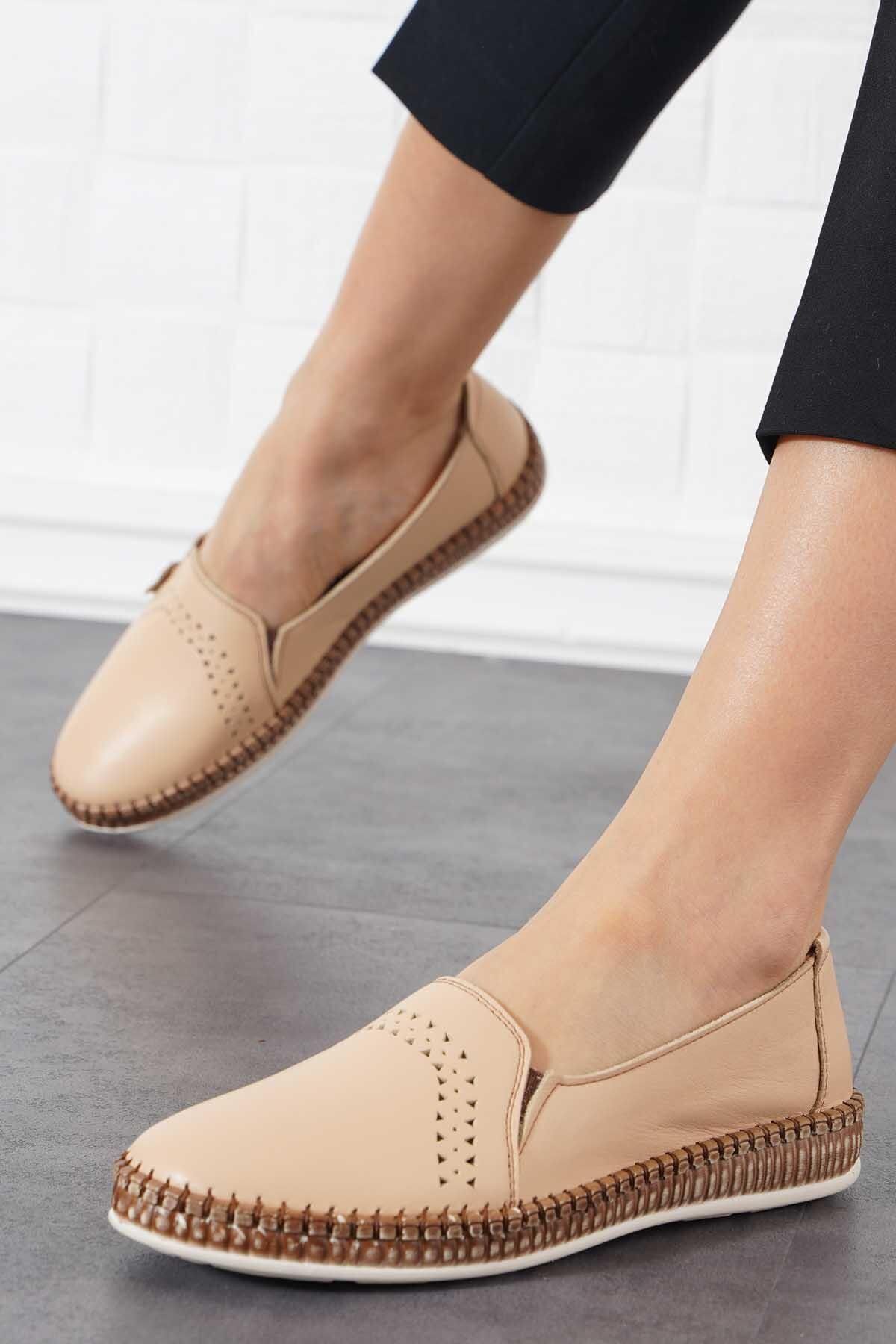 Moda Pie Nestro Ayna Lazerli Hakiki Deri Kadın Ayakkabı Bej Cilt