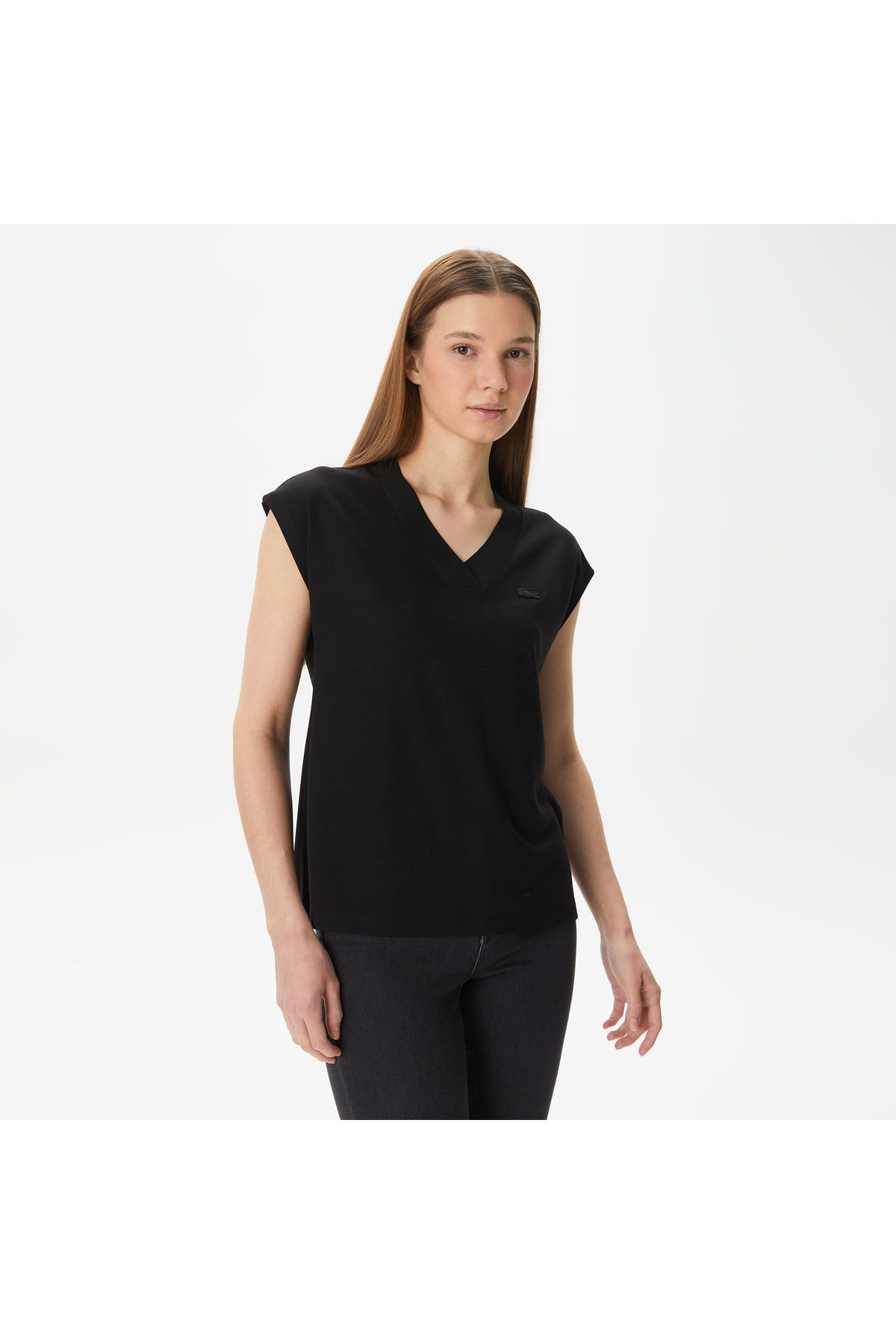 Lacoste Kadın Slim Fit V Yaka Siyah T-shirt