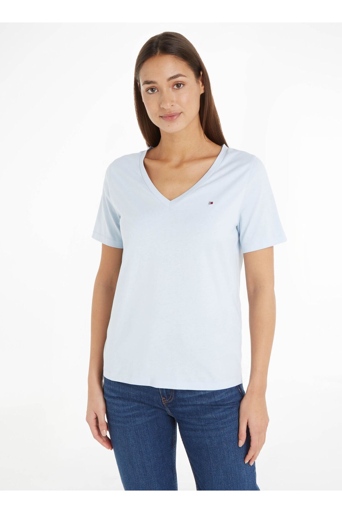 Tommy Hilfiger Kadın Dokuma Kumaş Kısa Kol Düz Model Açık Mavi T-Shirt WW0WW39781-C1O