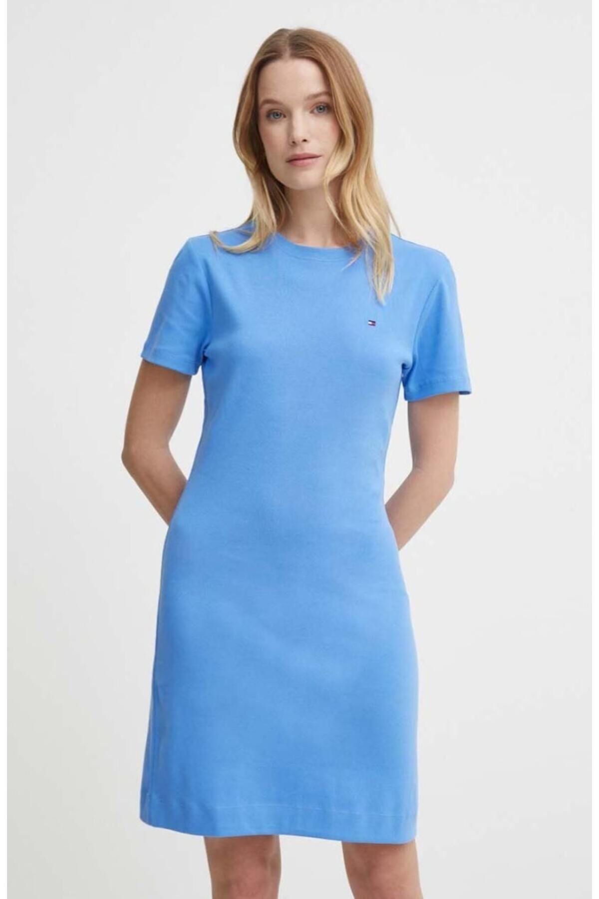 Tommy Hilfiger Kadın %100 Pamuk Dokuma Kumaş Marka Logolu Mavi Elbise WW0WW42721-C30