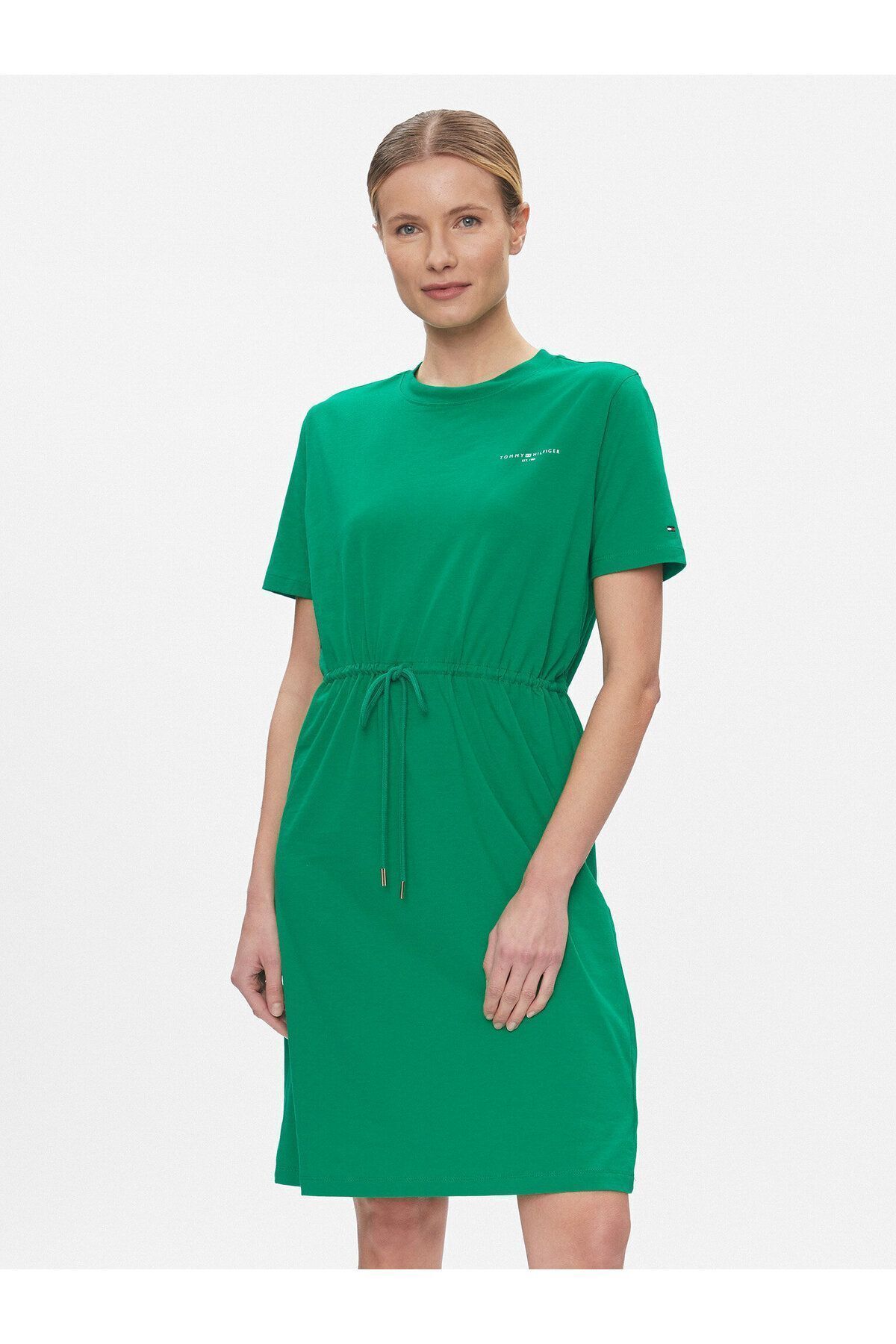 Tommy Hilfiger Kadın Marka Logolu Kısa Kol Yuvarlak Yaka Yeşil Elbise WW0WW40734-L4B