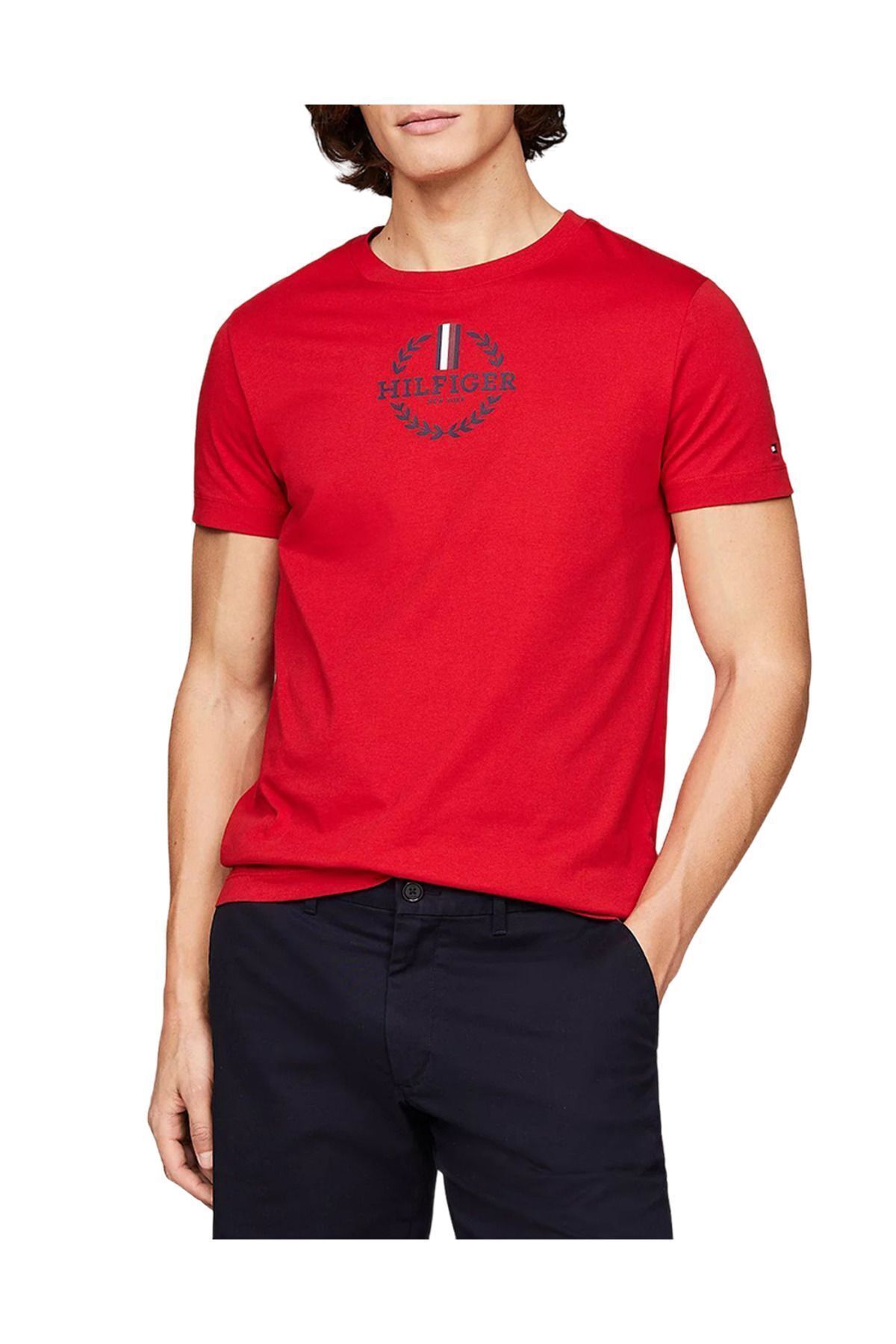 Tommy Hilfiger Erkek Pamuklu Kısa Kollu Yuvarlak Yaka Kırmızı T-Shirt MW0MW34388-XLG