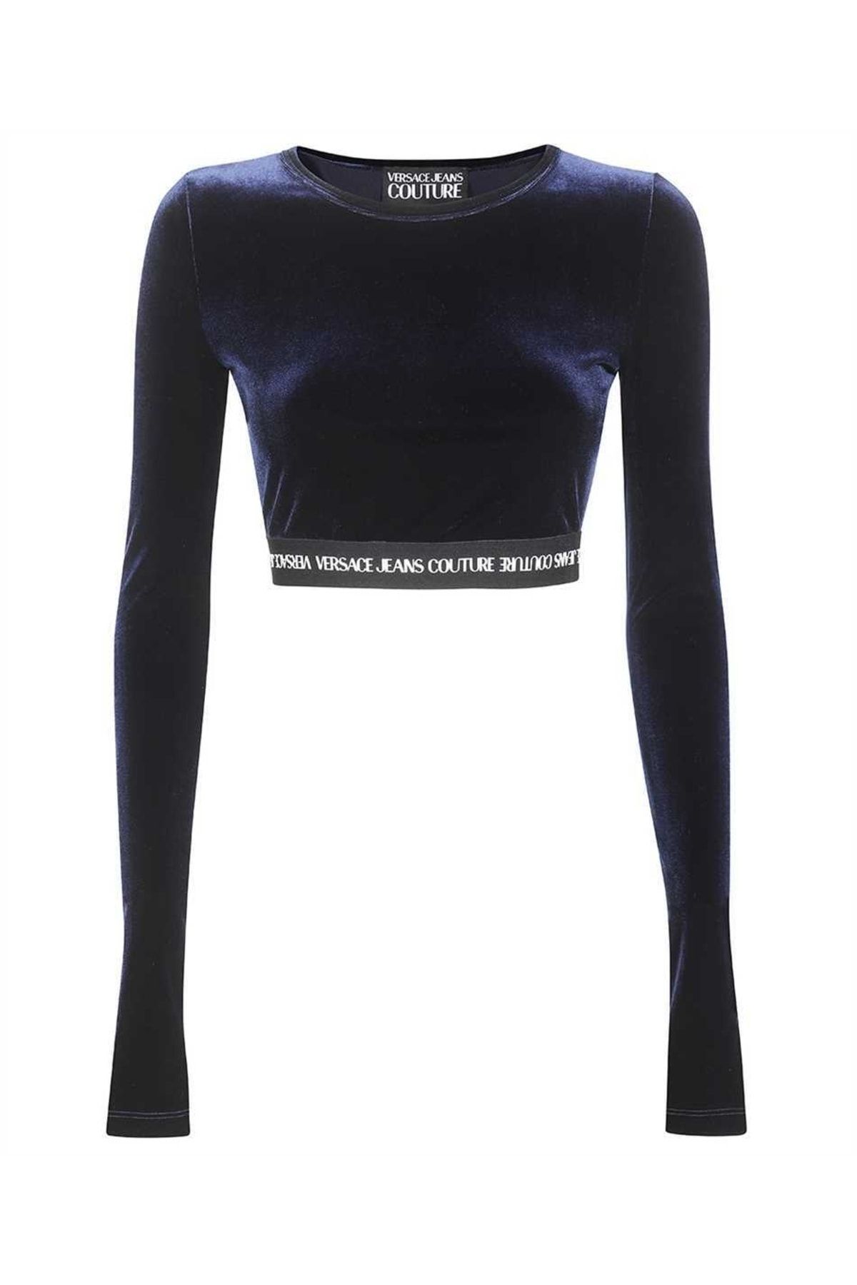 Versace Kadın Düz Crop Kadife Uzun Kollu Lacivert T-shirt 73hah218 J0008-259