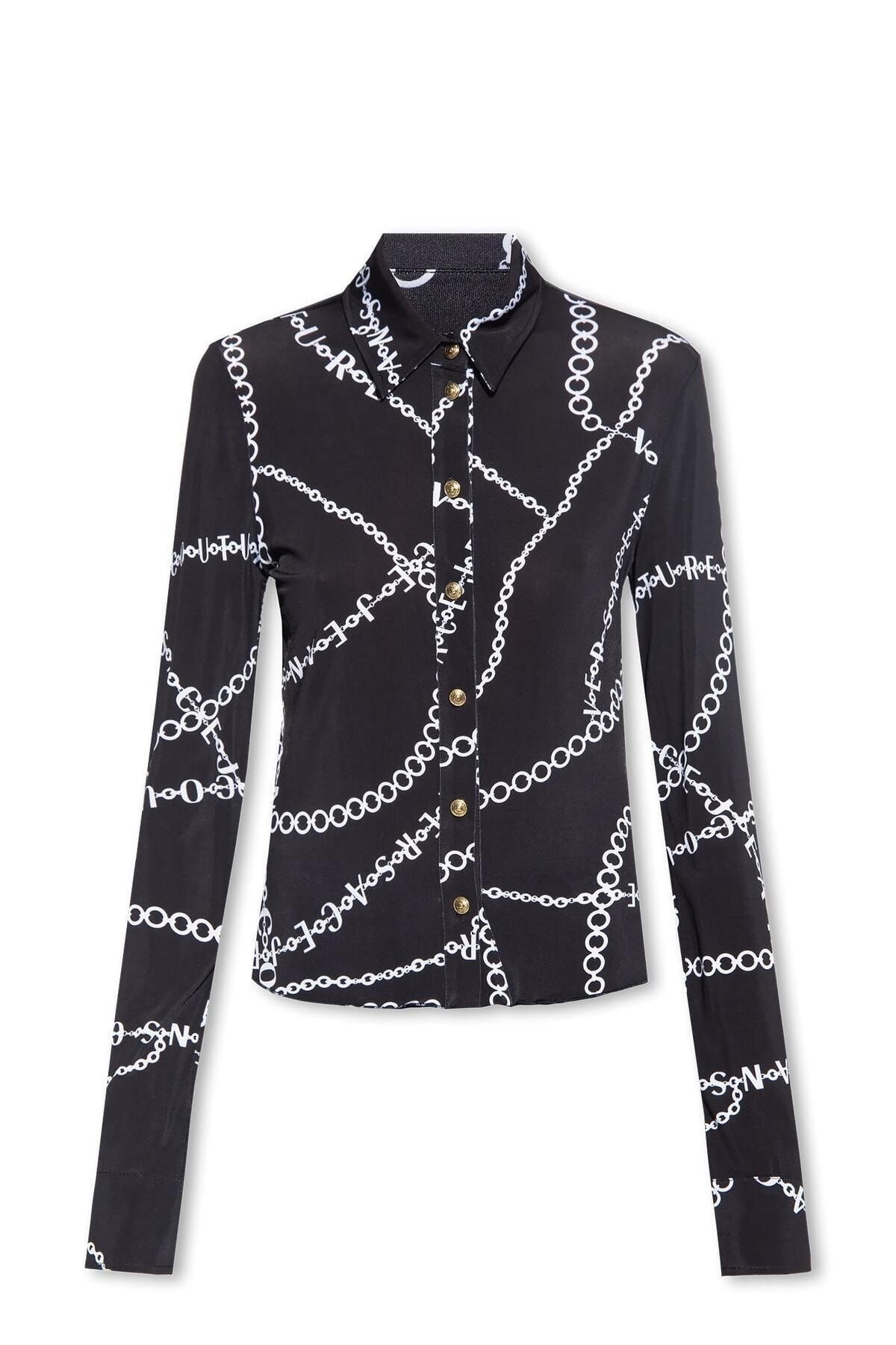 Versace Kadın Uzun Kollu Slim Fit Düğmeli Gömlek Siyah Gömlek 75HAL213 JS201-899