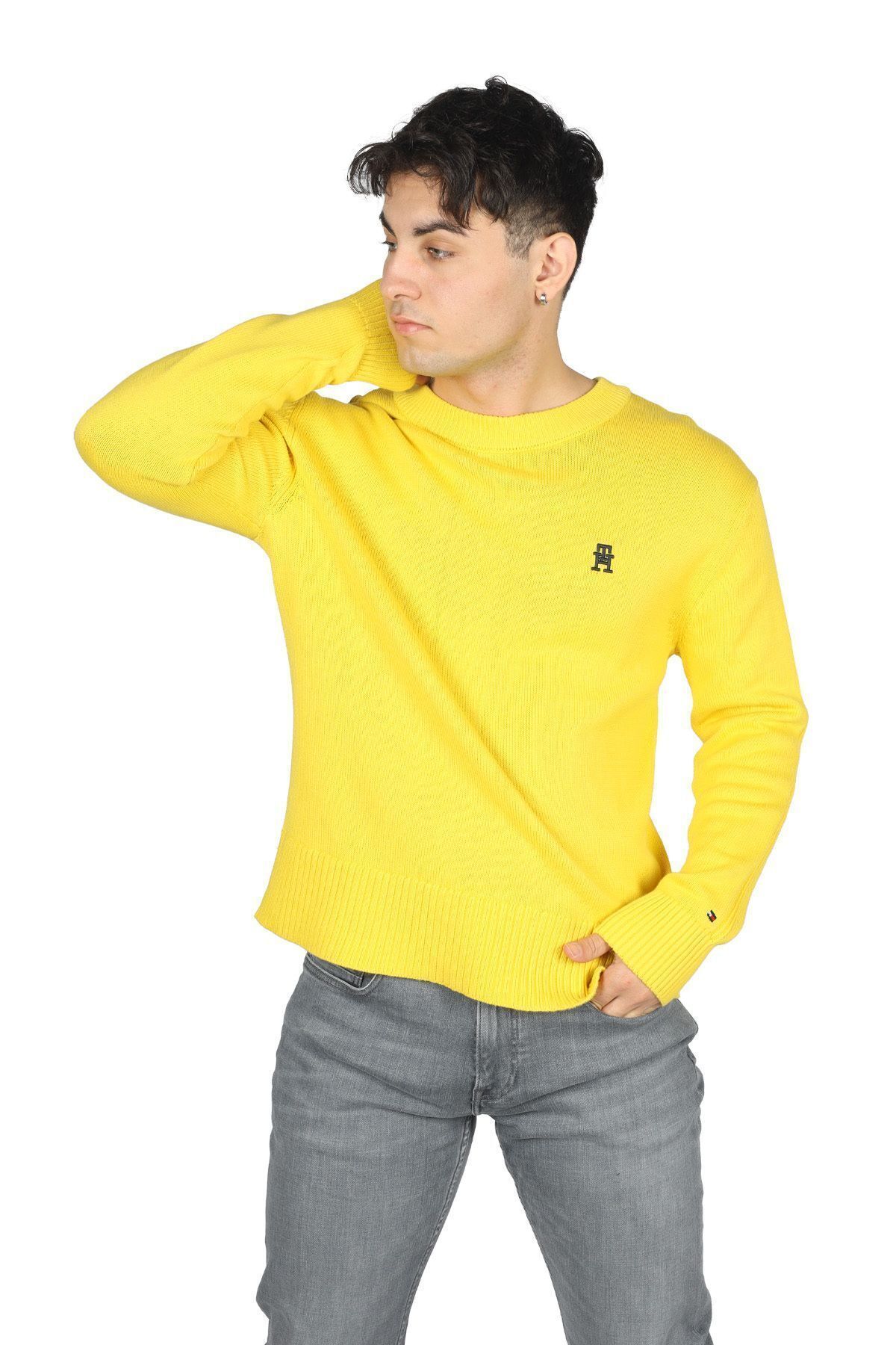 Tommy Hilfiger Erkek Marka Logo Detaylı Regular Fit Uzun Kollu Sarı Kazak MW0MW33505-ZGR