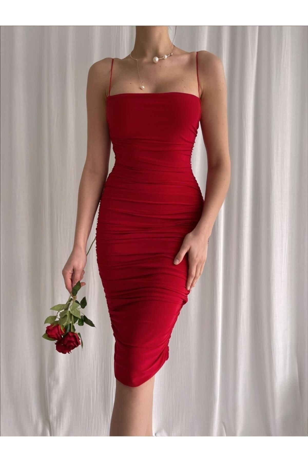 munora butik Kadın Kırmızı Ince Askılı Drapeli Midi Abiye Elbise Ggcoco
