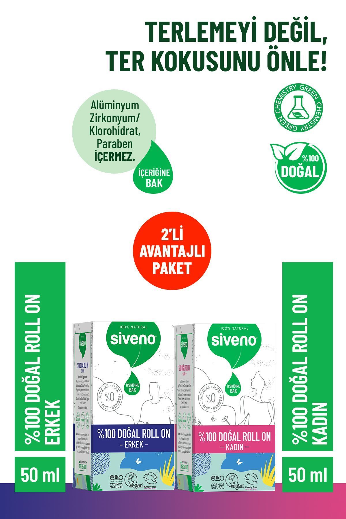 Siveno Doğal Roll-on Kadın Ve Erkek 50 ml Avantajlı Set