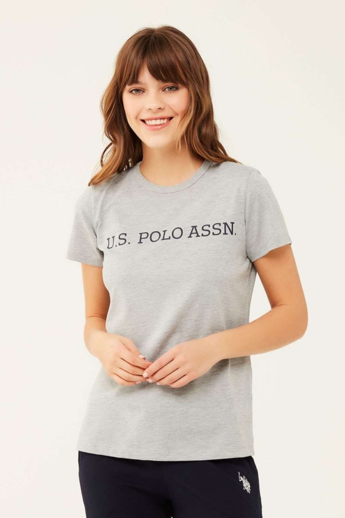 U.S. Polo Assn. Kadın Gri Melanj Yuvarlak Yaka T-shirt