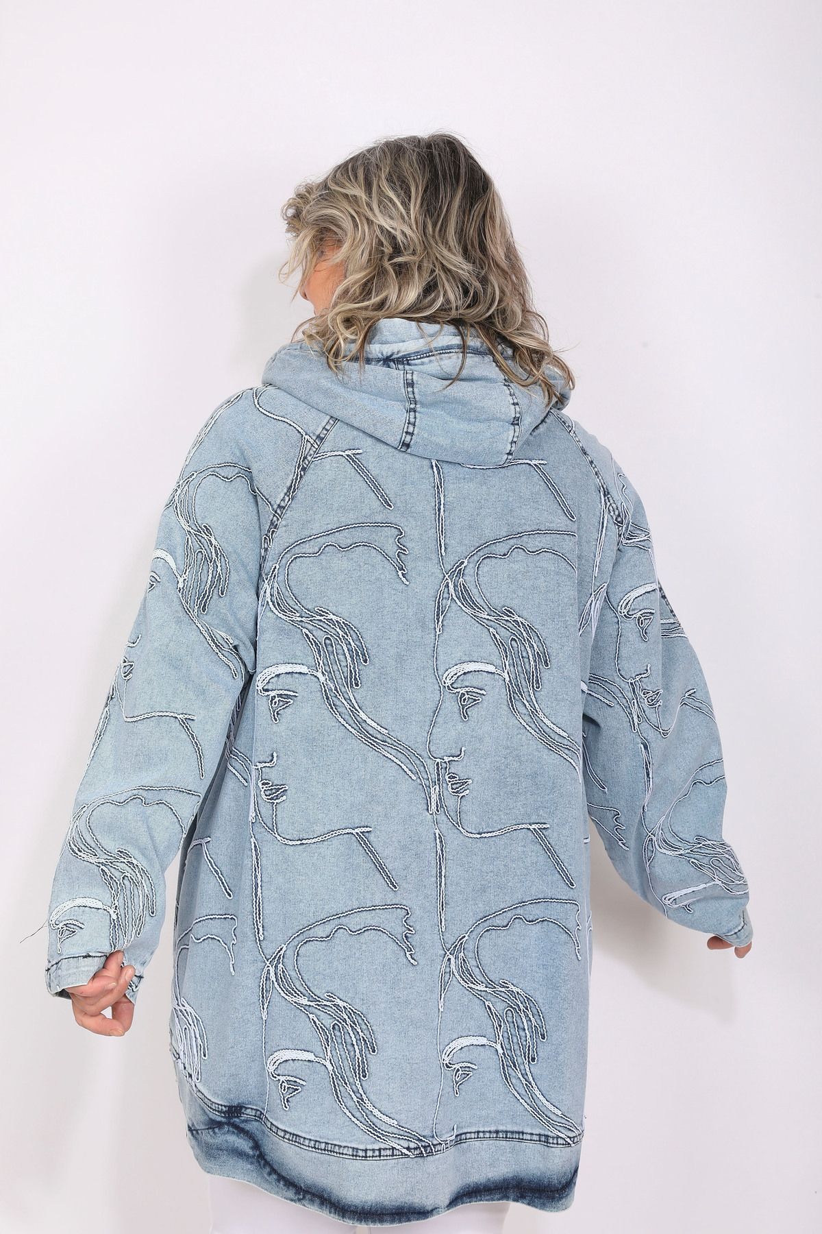 Hitit Butik Çizgisel Tasarımlı Mavi Denim Kot Ceket