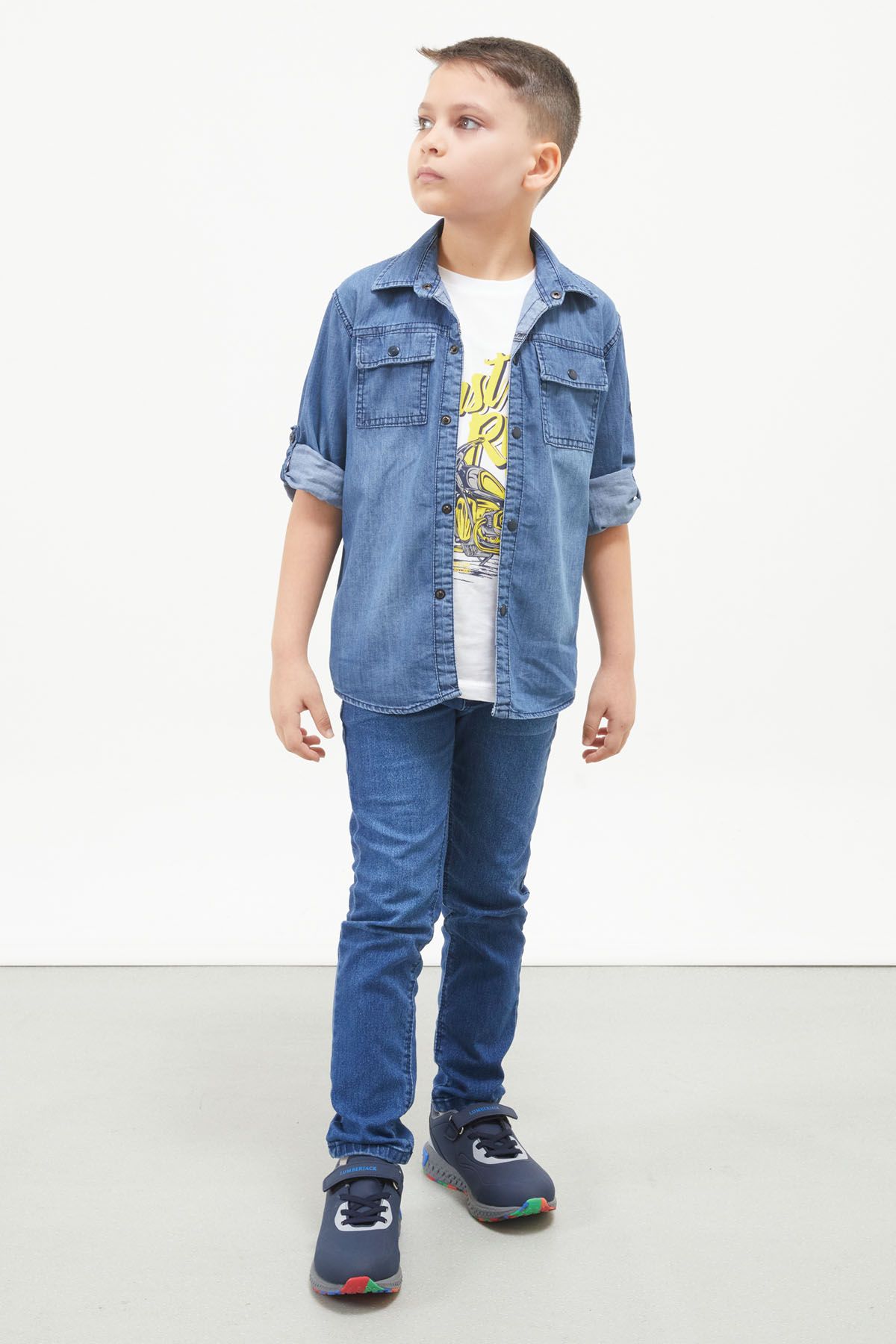 Cansın Mini Mavi Ride Baskılı Jean Gömlekli T-shirt Erkek Çocuk 2li Takım 17567