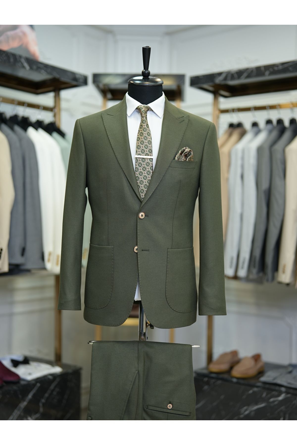 LONATOLİA Erkek Takım Elbise Yarım Astarlı Punto Dikişli Torba Cepli Erkek Slim Fit Italyan Stil - Haki
