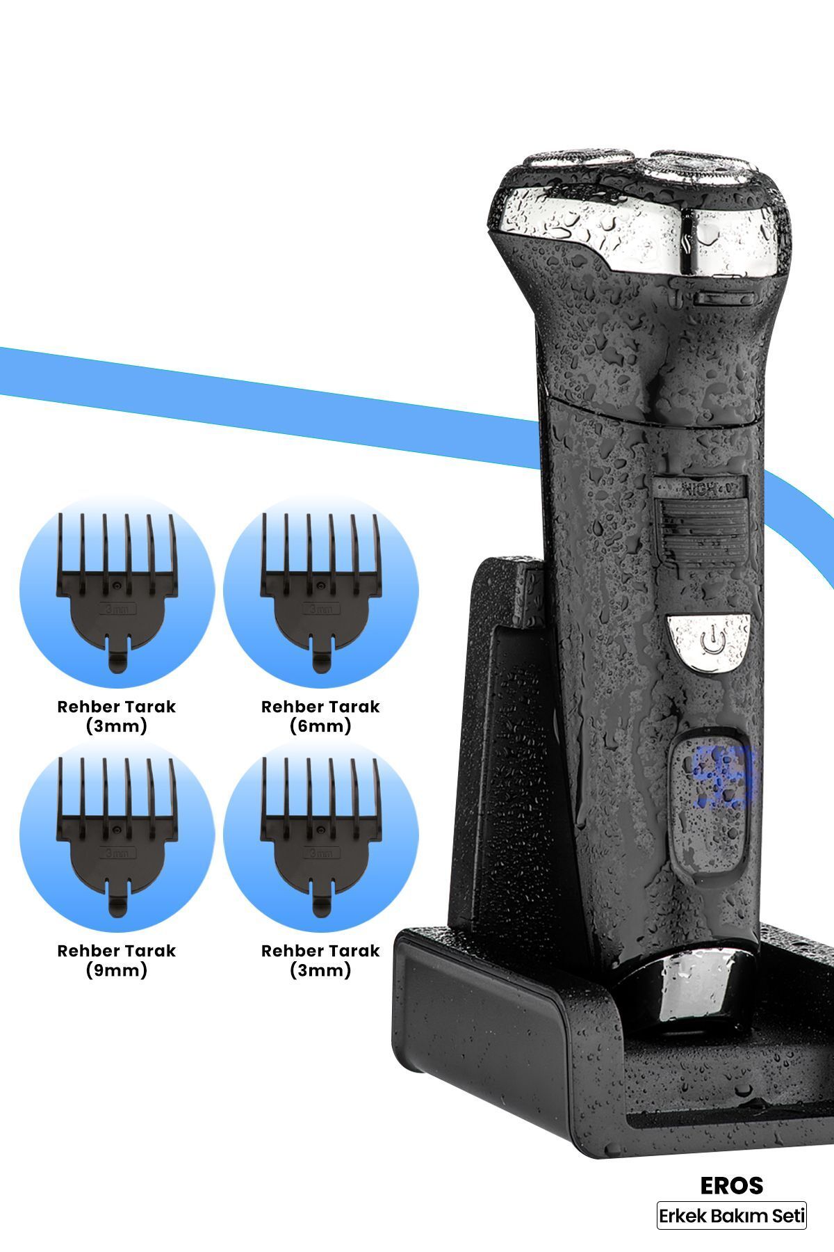GoldMaster Eros Dijital Ekranlı Oynar Başlık Islak Kuru Şarj Standlı Saç Sakal Erkek Bakım Seti Tıraş Makinesi