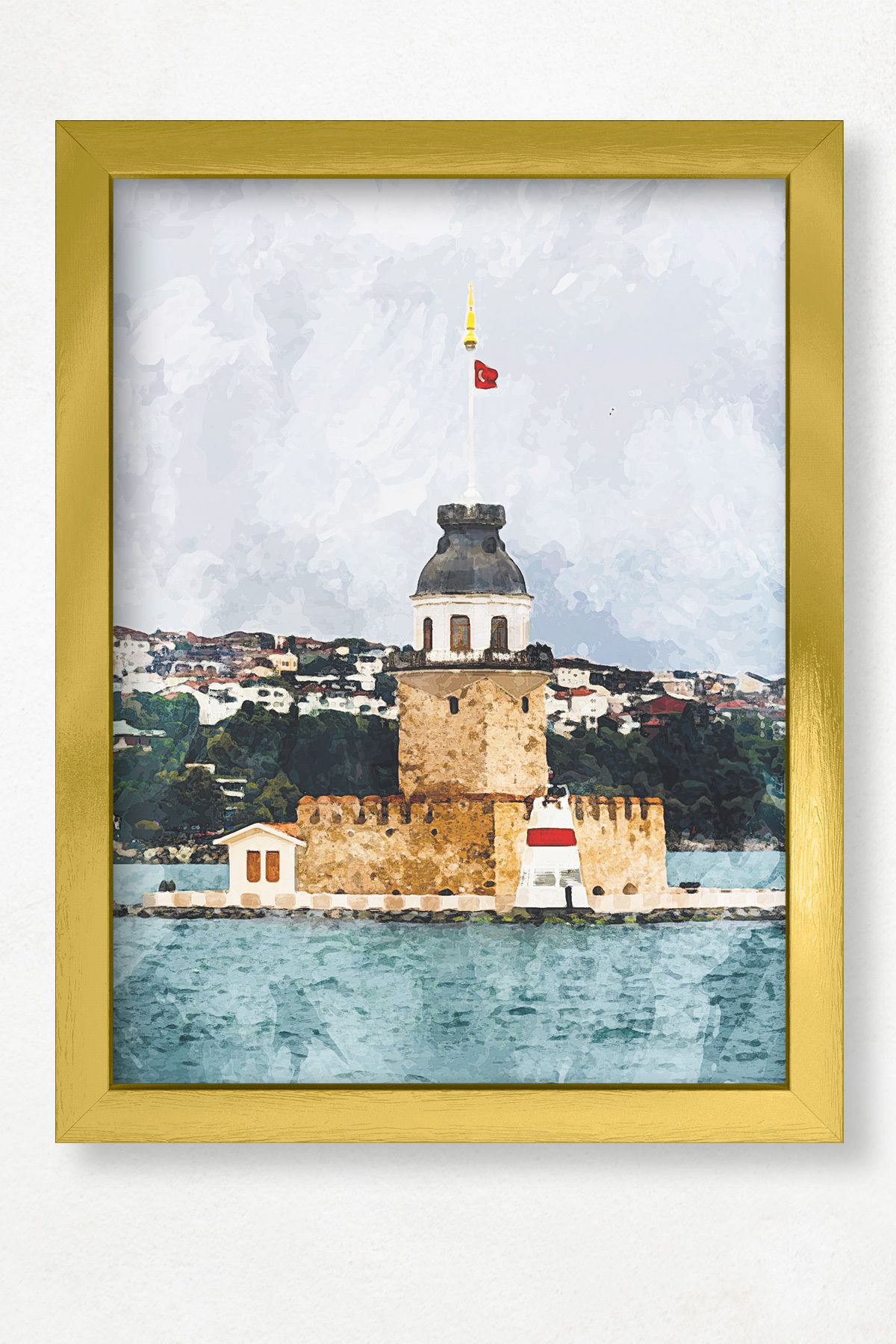 DuoArt Kız Kulesi-İstanbul/İkonik Yapılar/Efekt/Doğal Ahşap Çerçeveli Poster/Çerçeve Rengi:Altın