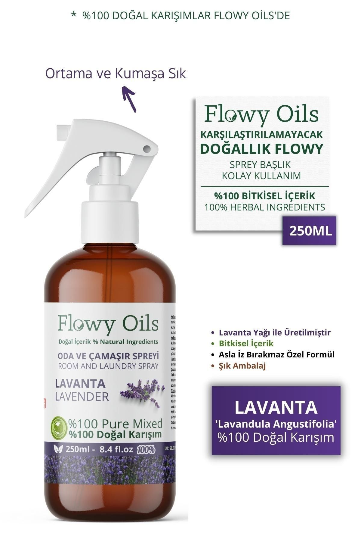 Flowy Oils Doğal Lavanta Oda Ve Çamaşır Spreyi Oda Koksusu Natural Lavender Air Freshener 250ml