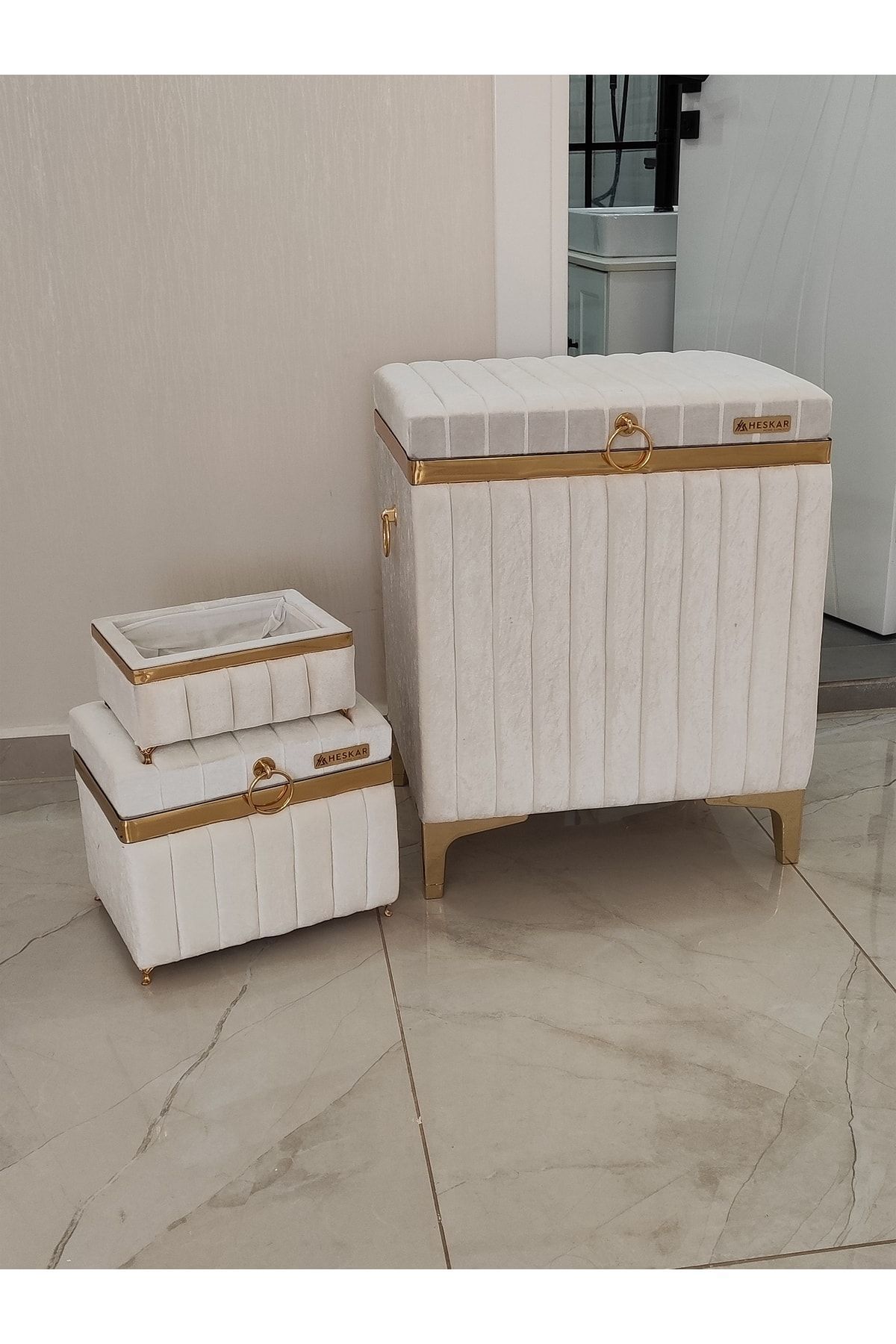 HESKAR HOME 3 Parça Dikdörtgen Krem Renk Altın Şeritli Modern Kadife Banyo Kirli Çamaşır Sepeti