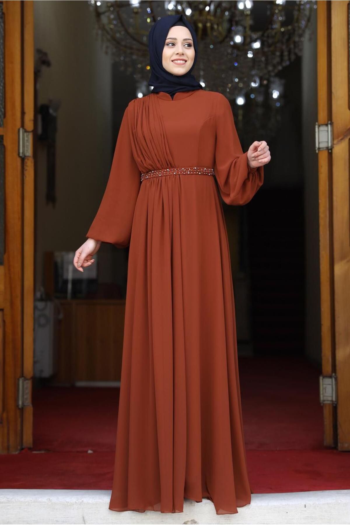 TRENDTESETTÜR Kadın Kahve (KİREMİT) Drape Detaylı Abiye Elbise T 0053