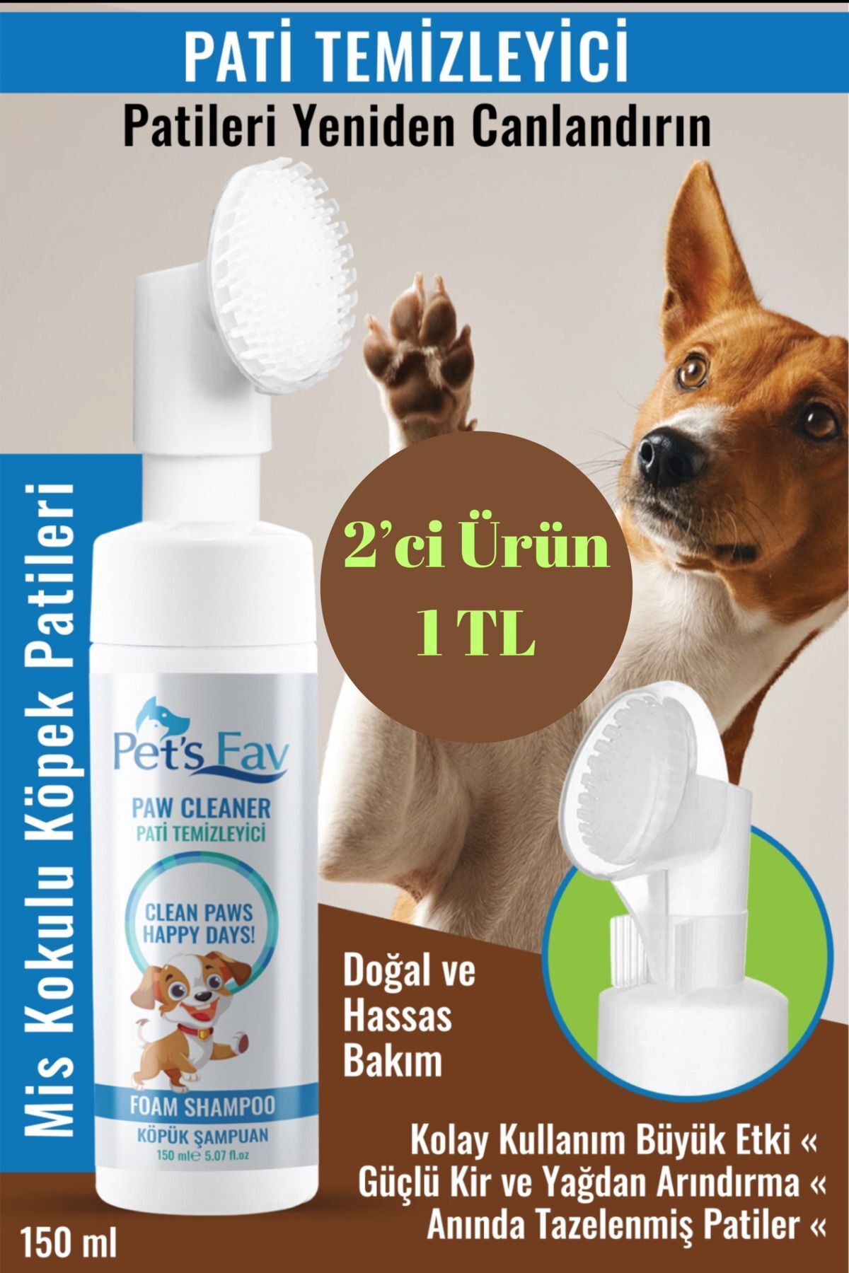 Pets Fav Köpek Hızlı ve Pratik Pati Temizleyici Organik ve Doğal Kuru Köpük Şampuanı Özel Fırçalı Başlık