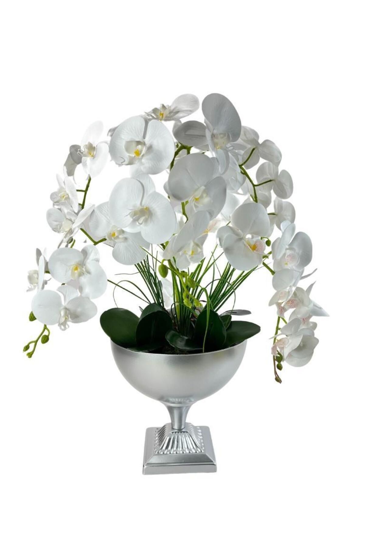 Nettenevime Yapay Çiçek 6 Islak Orkideli Aranjman Kare Ayaklı Konik Metal Mat Gümüş Vazolu Masa Üstü Çiçeği Araj