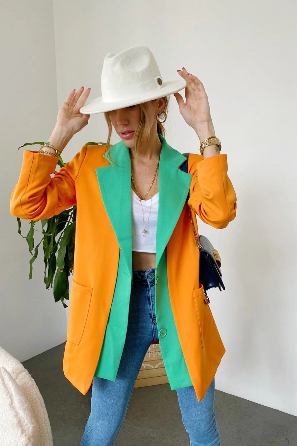 Lady Pixie Turuncu Yeşil Tasarım Blazer Ceket