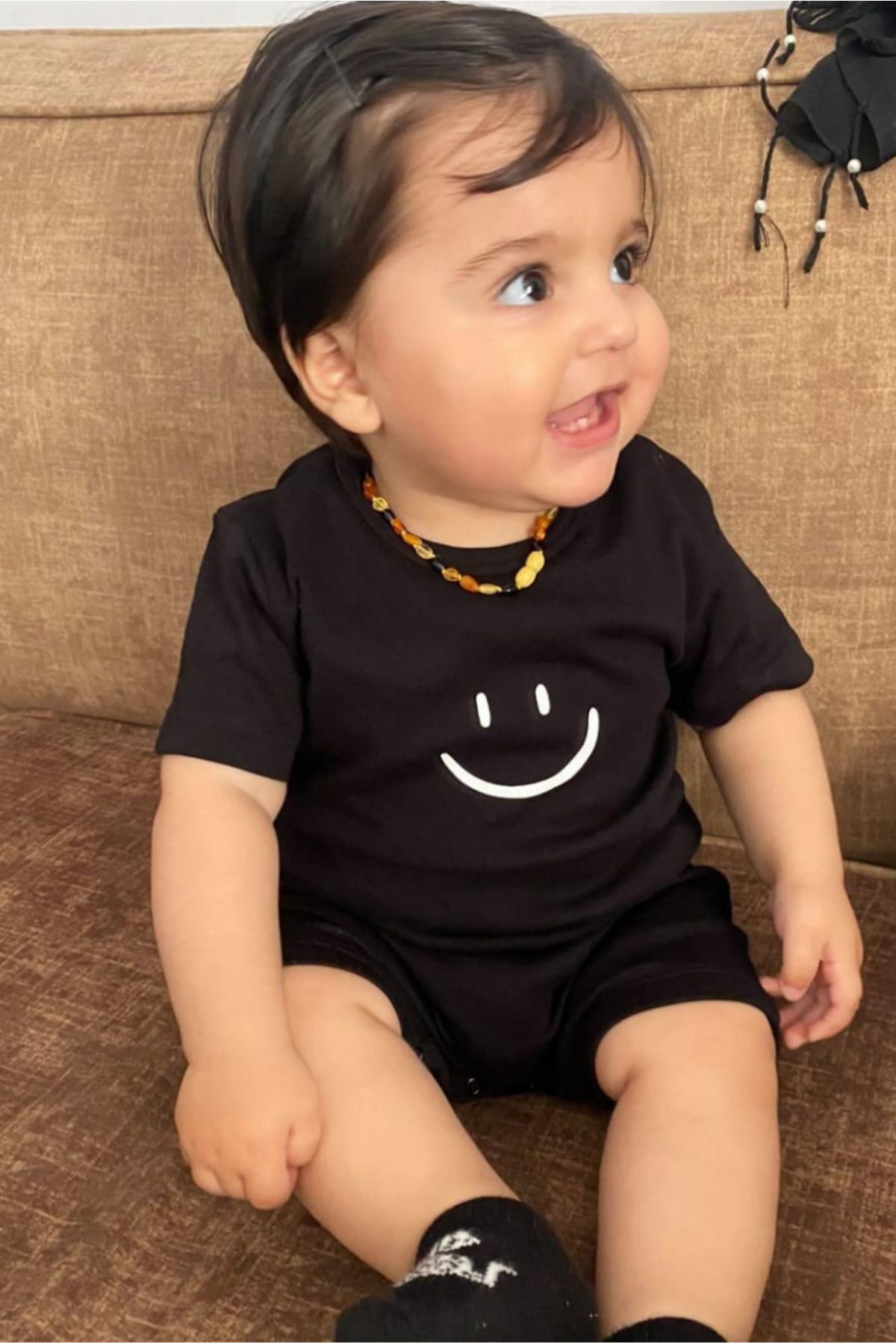 Mini Ropa Kısa Kollu Siyah Bebek Tulumu Smile Baskılı Yazlık Bebek Barbatöz Kısa Tulum