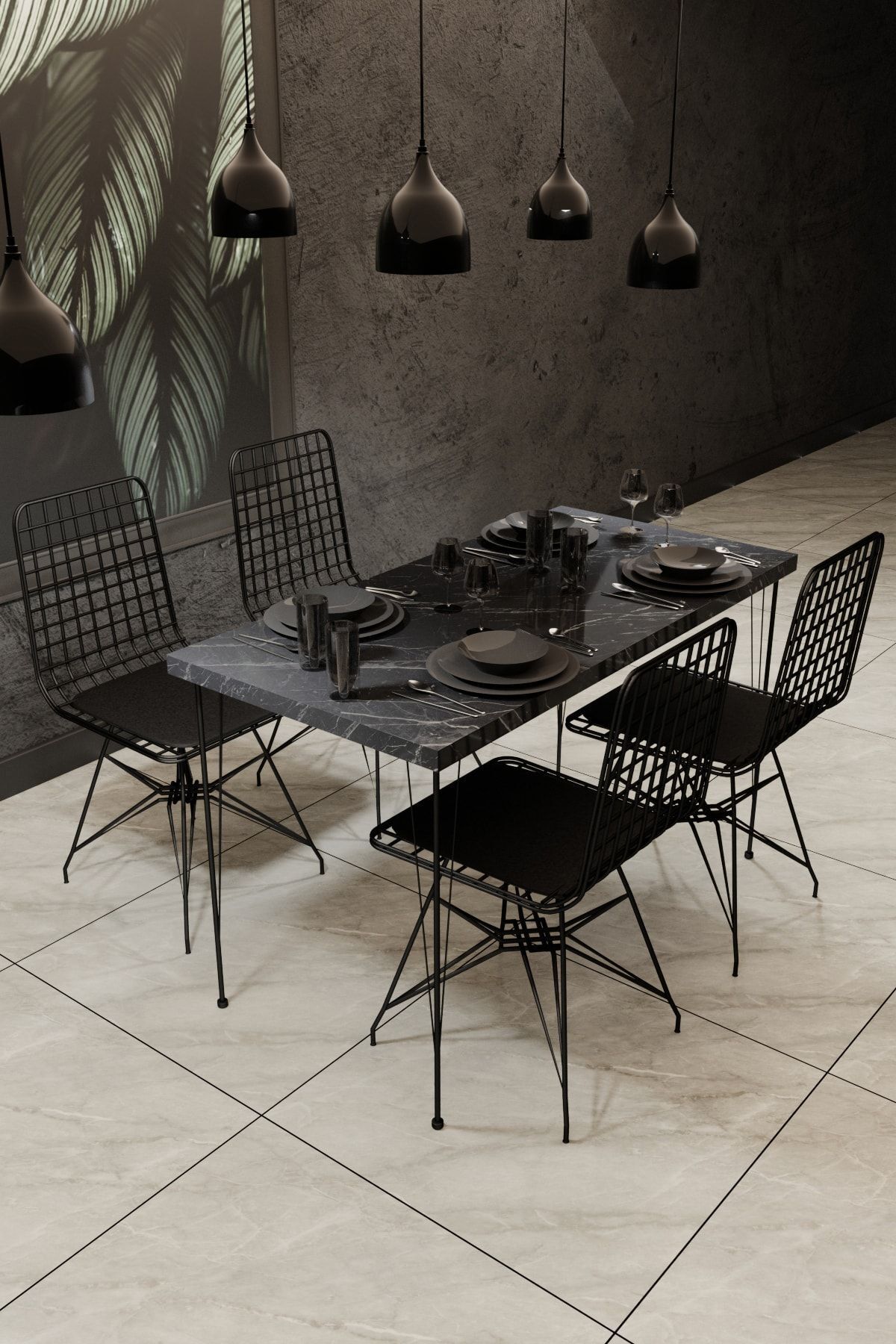 Gaga Mobilya Mutfak Yemek Masa Takımı Mermer Desencafe Masası 4 Adet Tel Sandalye 1 Adet Masa