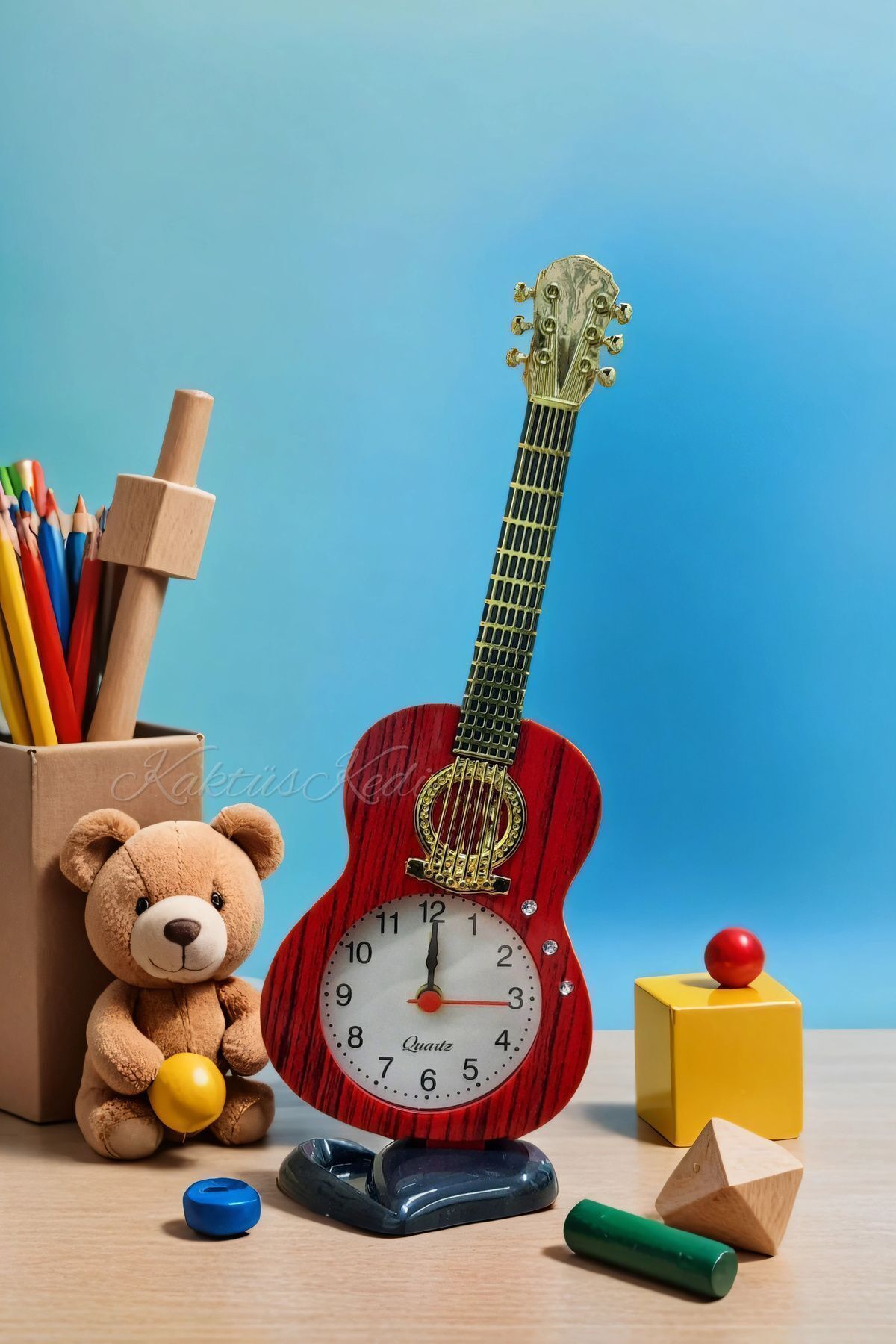 KaktüsKedi Gitar Şeklinde Mini Boy Dekoratif Sanatsal Çalar Saat | Masa Saati