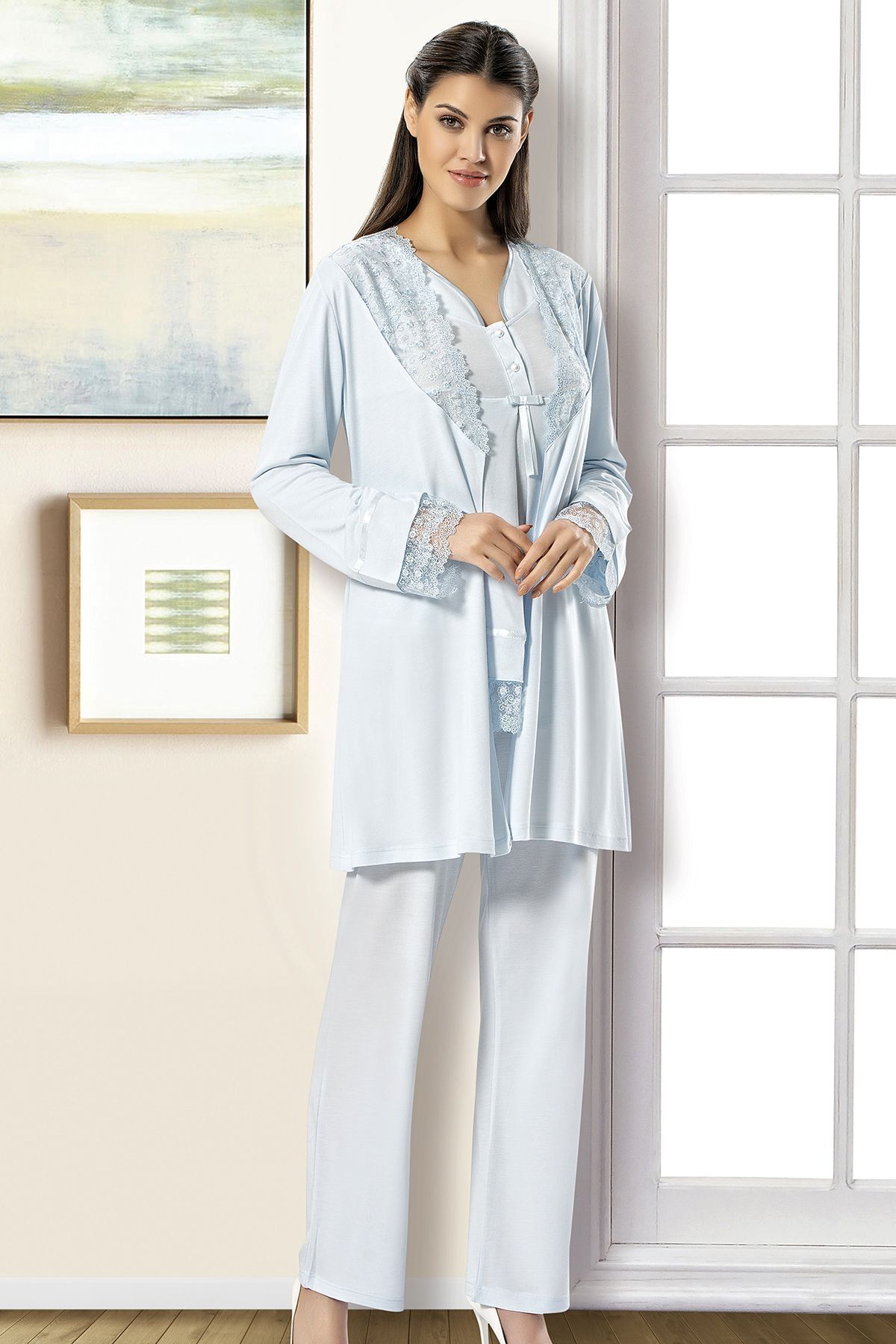 Xses 2190 Kadın Hamile Lohusa Sabahlıklı Pijama Takım-mavi