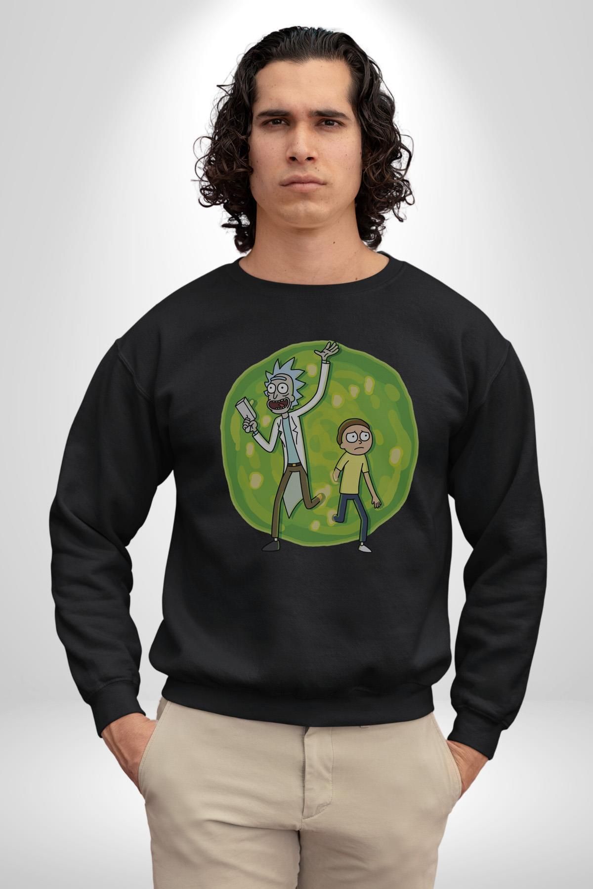Angemiel Rick And Morty Portal Kadın Erkek  Siyah Baskılı Sweatshirt