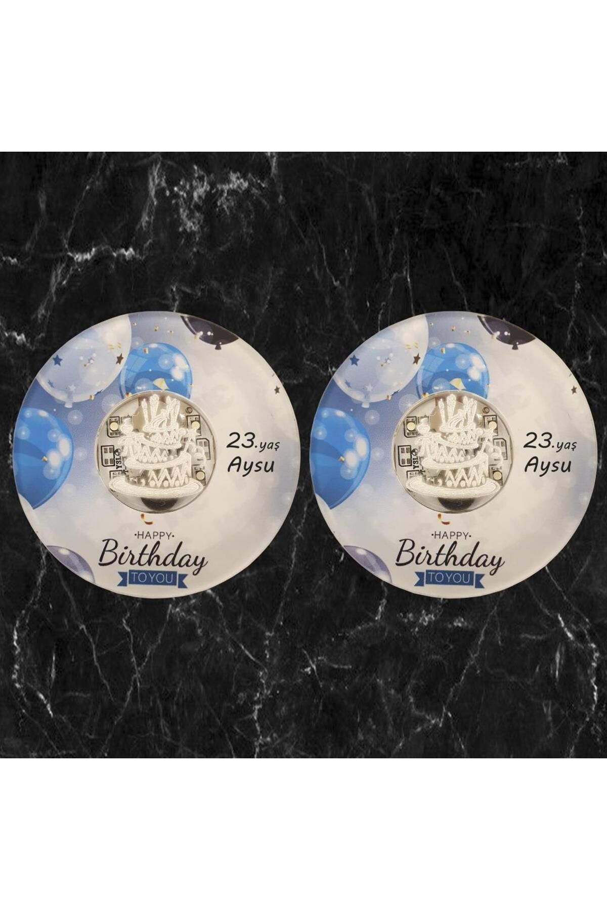veraART Işıklı Kişiselleştirilebilir Mavi Balon Doğum Günü Temalı Bardak Altlığı 2 Li