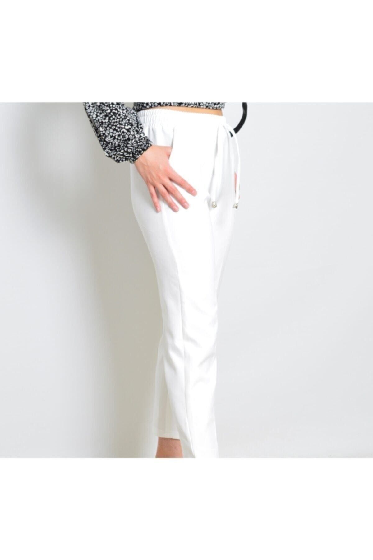 Moda Esinti Kadın Beyaz Kumaş Bel Lastikli Havuç Pantolon