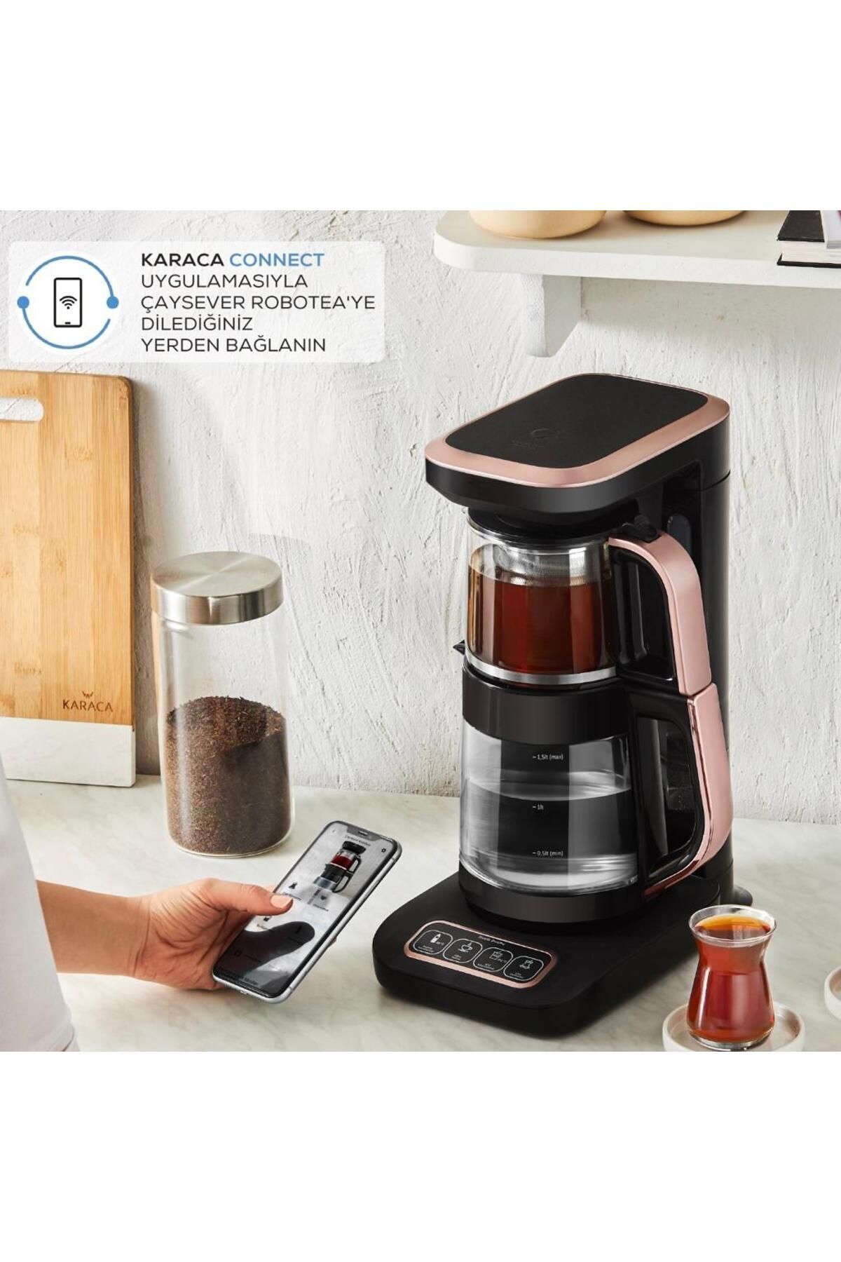 Karaca Premium Konuşan Connect-Wifi-Uzaktan Erişimli Otomatik Cam Çay Makinesi ve Filtre Kahve Makinesi